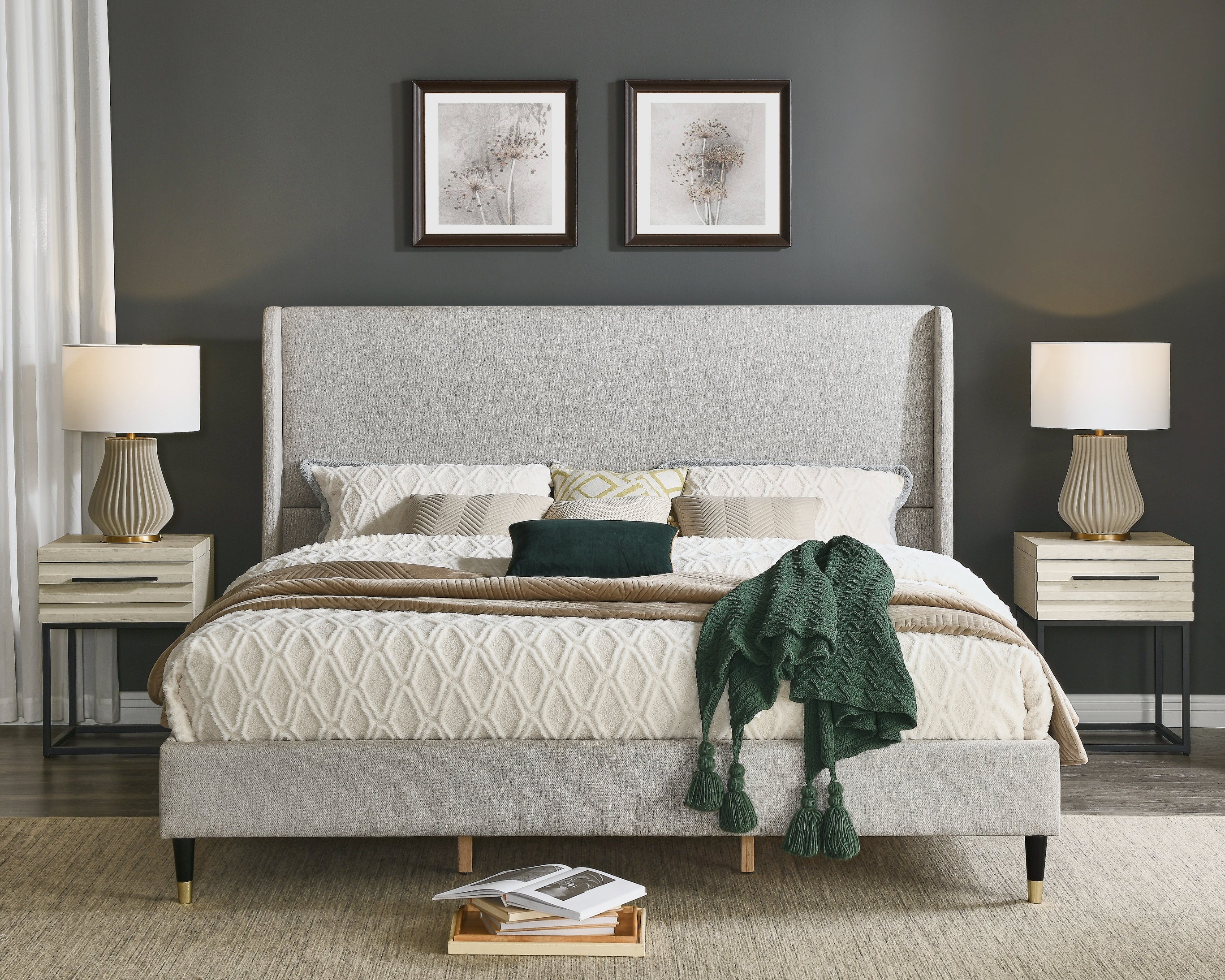 Roundhill Furniture Rozitta Upholstered Wingback Platform Bed Frame - Queen Size Upholstered Bed with Button Tufted Headboard for Bedroom, Modern Luxury Bed Frame with Sturdy Wooden Slat Support (Perfect for Master Bedroom, Guest Room or Apartment)