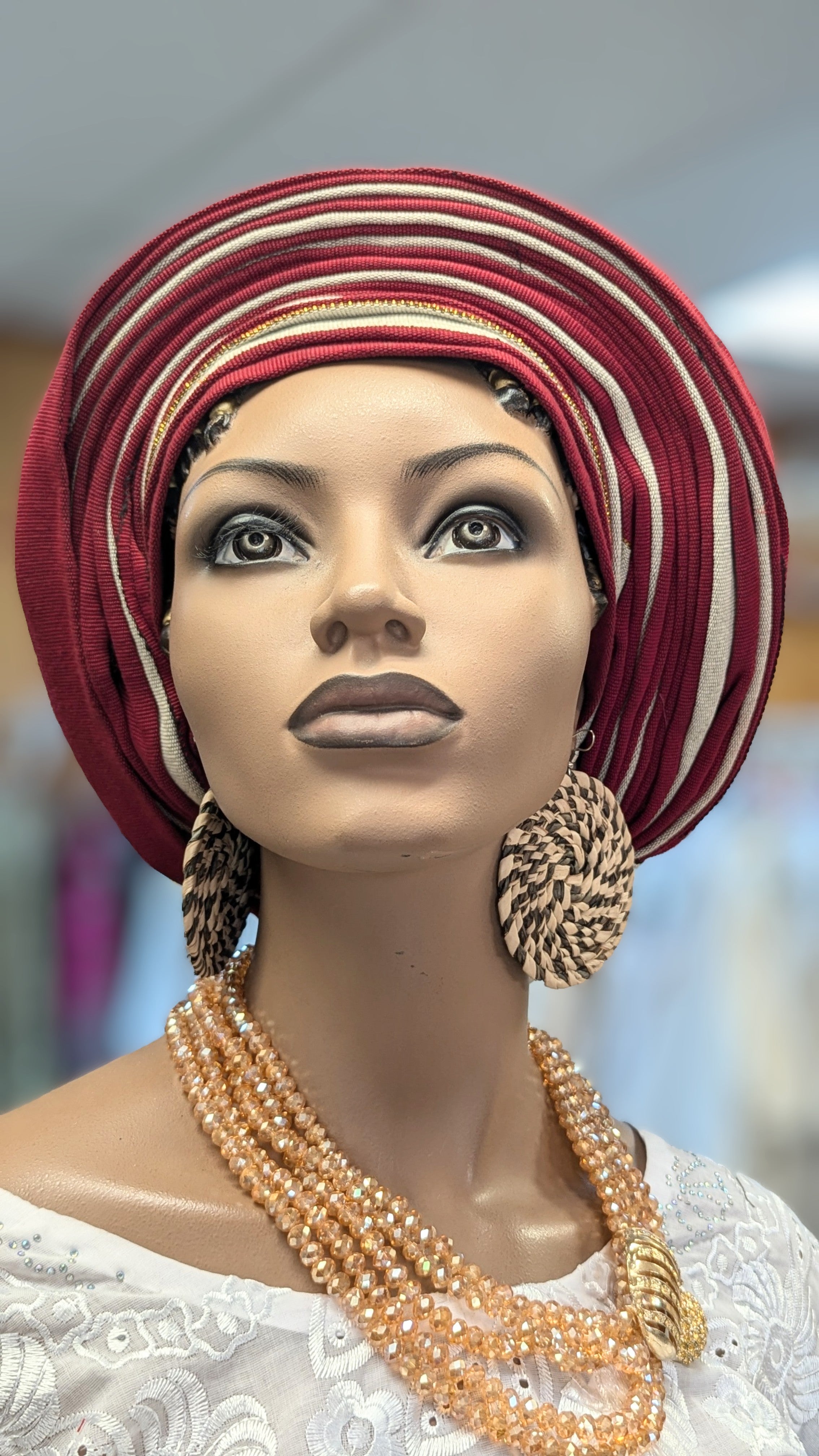 Dupsie's Pre-Tied Burgundy Aso Oke Gele Head Wrap Hat - Ready-to-Wear African Headpiece for Weddings, Parties & Special Occasions - DPAGARBG4