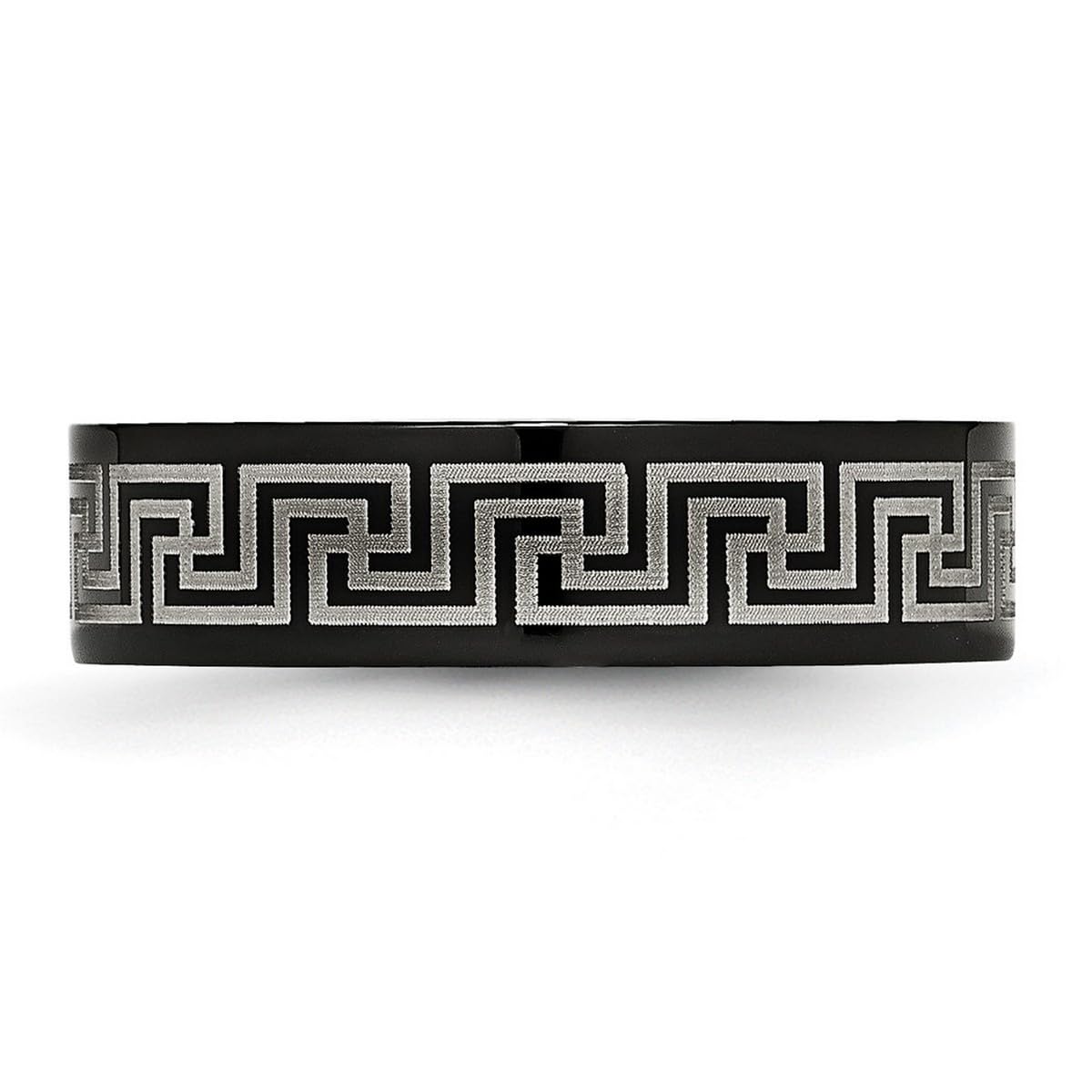 Black Titanium Greek Key Laser Etched Brushed & Polished Band Ring for Women & Men – Durable & Hypoallergenic Jewelry in Various Sizes – Perfect for Weddings, Anniversaries & Everyday Fashion