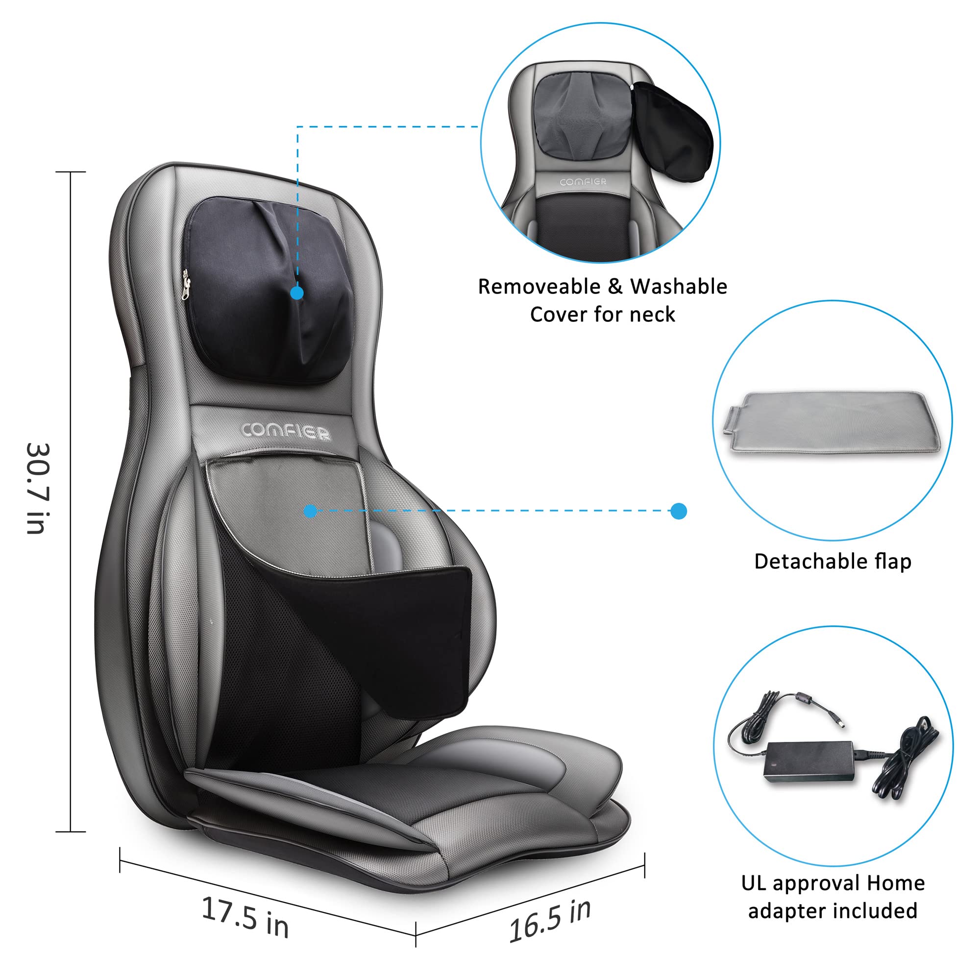 COMFIER Shiatsu Neck & Back Massager with Heat & Compression - 2D/3D Deep Tissue Kneading Massage Chair Pad, App Controlled Full Body Massager for Home/Office - Perfect Gift for Father, Men & Women (Grey) - Relieve Stress, Muscle Pain & Improve Posture While Working or Relaxing