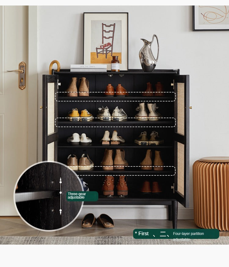 Oak Solid Wood Rattan Shoe Cabinet with Smoky Finish - Stylish Entryway Storage Organizer for Hallway, Living Room & Bedroom