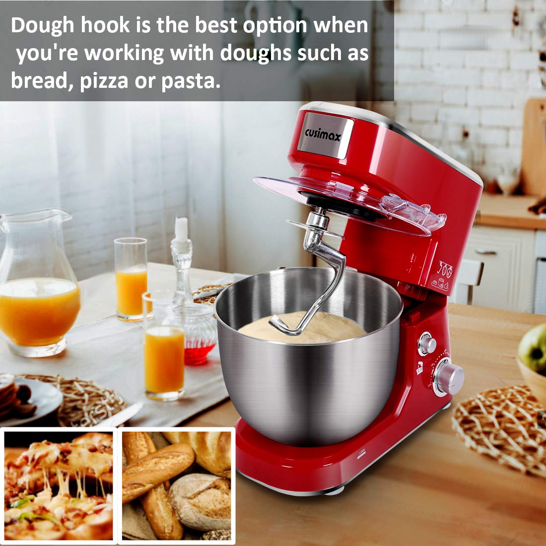 CUSIMAX 5-QT Stand Mixer with Stainless Steel Bowl - Tilt-Head Electric Kitchen Mixer with Dough Hook, Beater & Whisk - Splash Guard - Red - Perfect for Baking Cakes, Cookies & Bread Dough