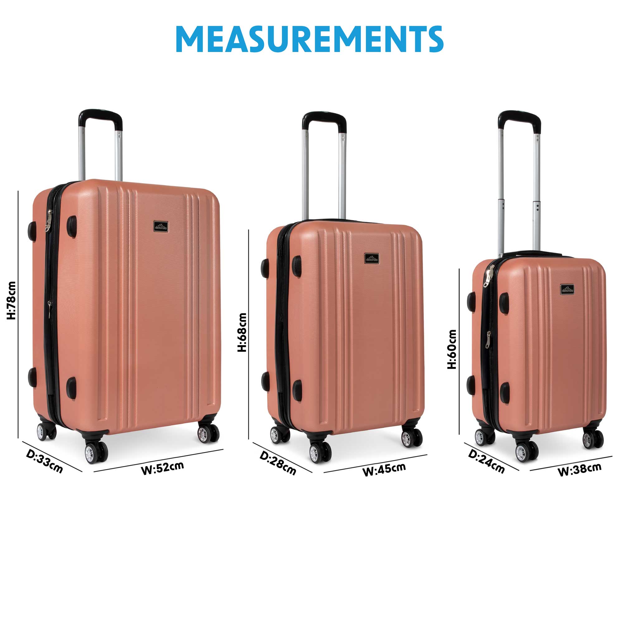 3-Piece Lightweight ABS Luggage Set with TSA Lock - Rose Gold (DL125) for Travel, Business Trips & Vacations