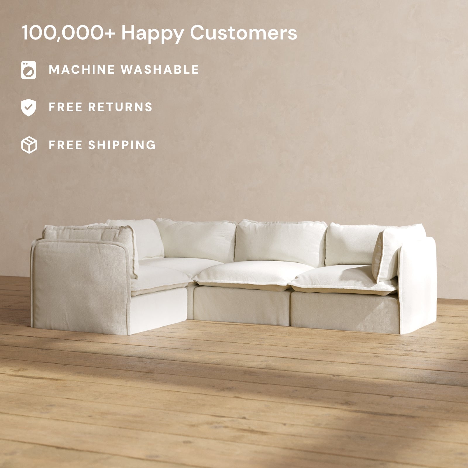 Modular Performance 4-Seater Corner Sectional Sofa in Eggshell White | Relaxed Blend Fabric | Perfect for Living Room, Family Room & Home Theater