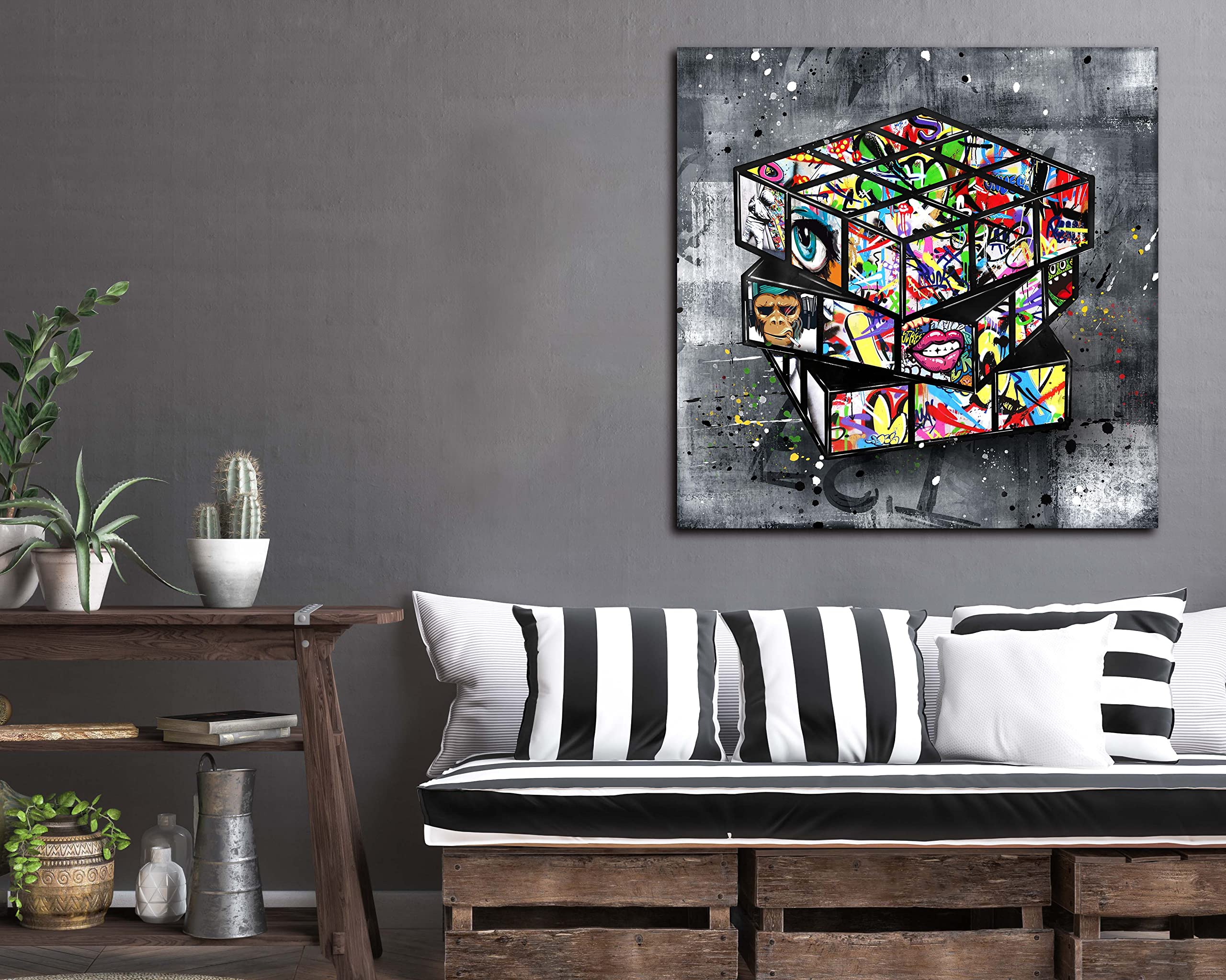 Banksy Wall Art Canvas - Large 36x36 Inch Street Graffiti Painting for Living Room Decor - Ready to Hang Wall Art for Home, Office & Gift (Urban Style Home Decor)