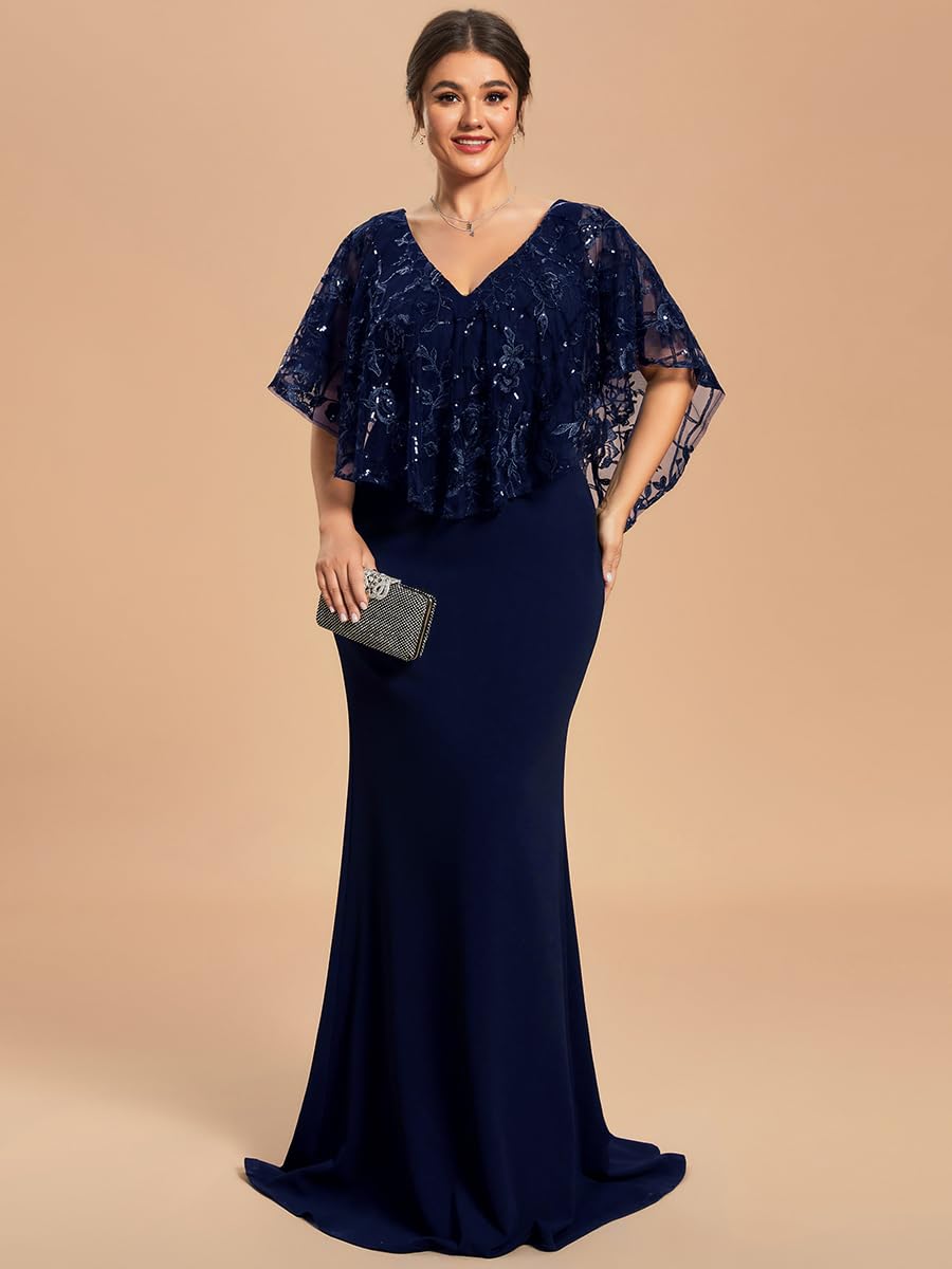 Ever-Pretty Plus Size Women's Sequin Bodycon Evening Dress with V-Neck & Short Sleeves - Floor Length Formal Gown for Prom, Wedding Guest & Special Occasions (Style 01798-DA)