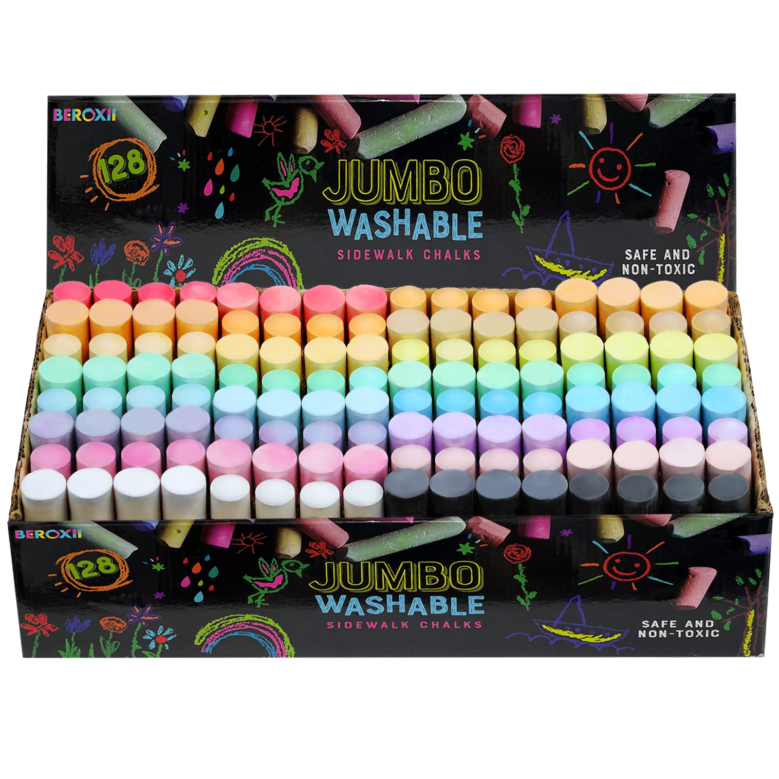 BEROXII 128-Piece Bulk Sidewalk Chalk for Kids - 16 Vibrant Colors, Non-Toxic & Washable Jumbo Chalk - Perfect for Outdoor Art Play, Chalkboard Drawing, Playground Fun & Birthday Party Gifts - Great for Summer Activities, Classroom Projects & Creative Playtime