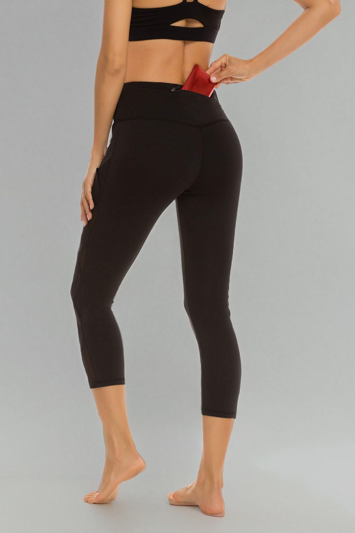 Romansong Women's High Waisted Yoga Pants with Pockets - 4-Way Stretch Tummy Control Mesh Capri Leggings | Non See-Through Workout & Lounge Pants for Yoga, Gym, Running & Everyday Wear