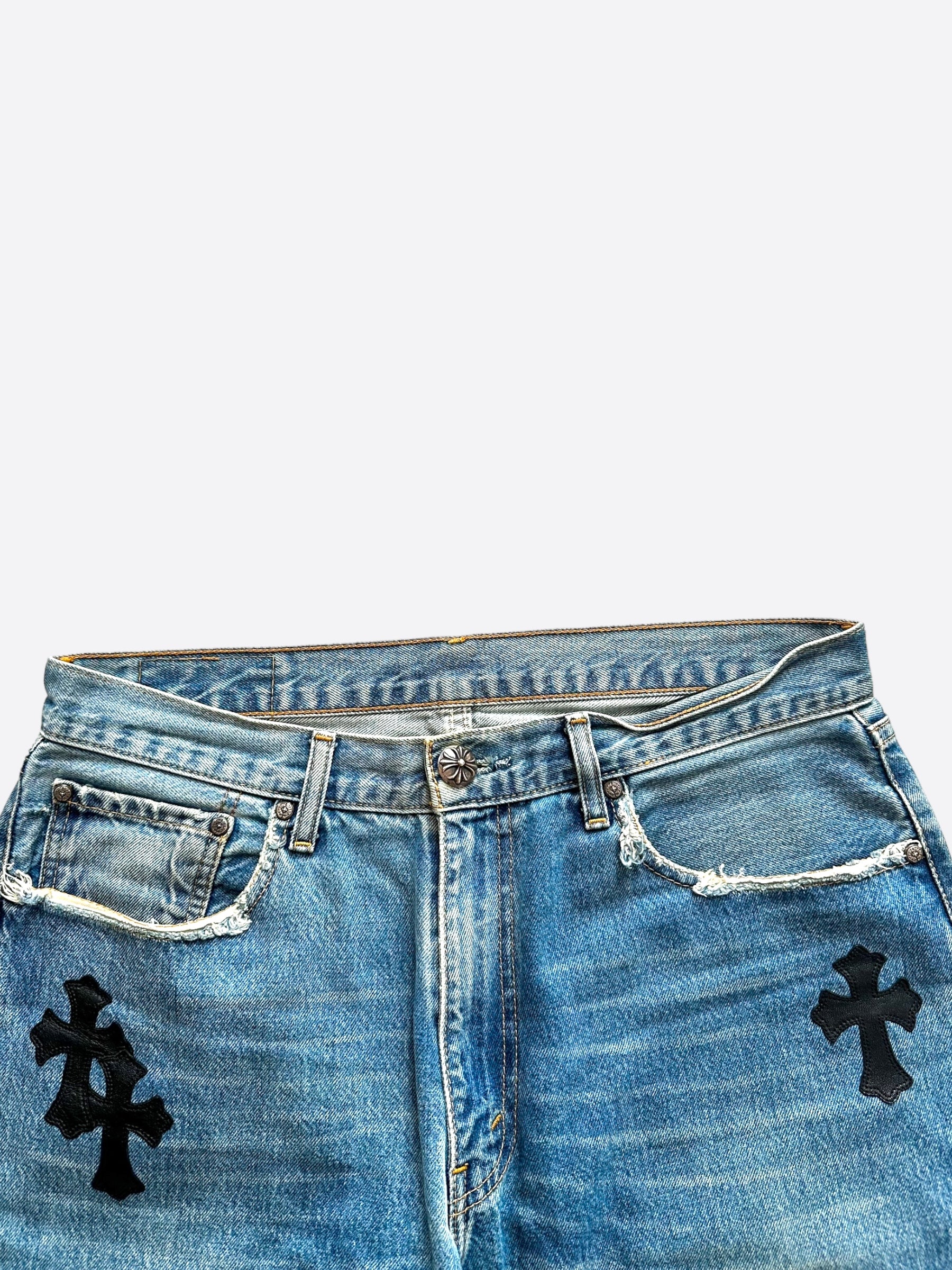 Chrome Hearts x Levi's Blue & Black Cross Patch Denim Jeans for Men - Stylish Vintage Streetwear for Casual Outfits and Night Out