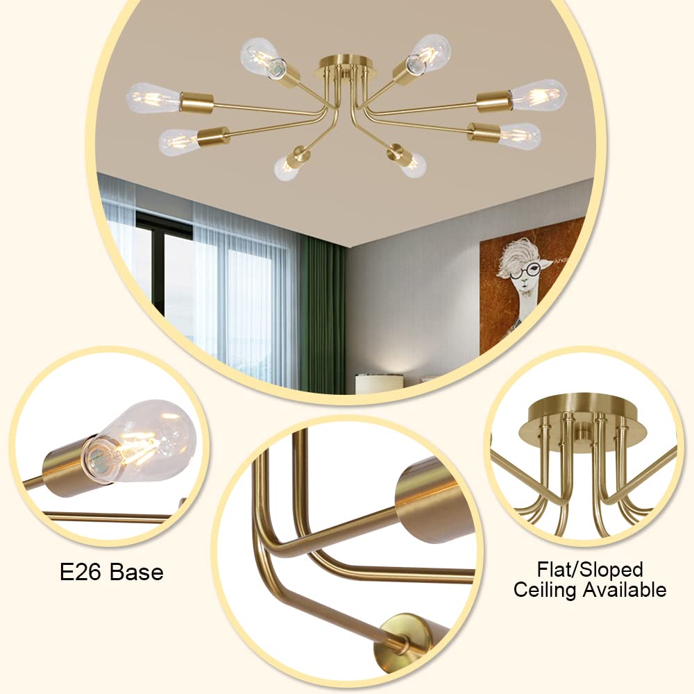 8-Light Sputnik Chandelier Brushed Brass Semi-Flush Mount Ceiling Light Fixture - Modern Industrial Kitchen Lighting for Dining Room, Living Room & Bedroom