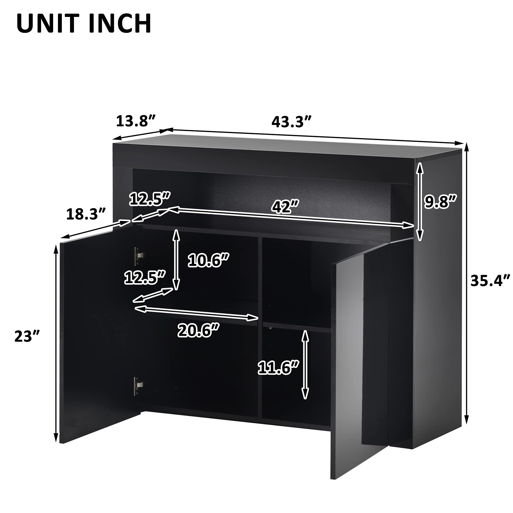 Modern High Gloss LED Sideboard with Remote Control - Wooden Buffet Storage Cabinet with Display Shelf for Kitchen, Dining Room & Living Room - Perfect for Home Decor, Entertaining & Stylish Storage (Black)