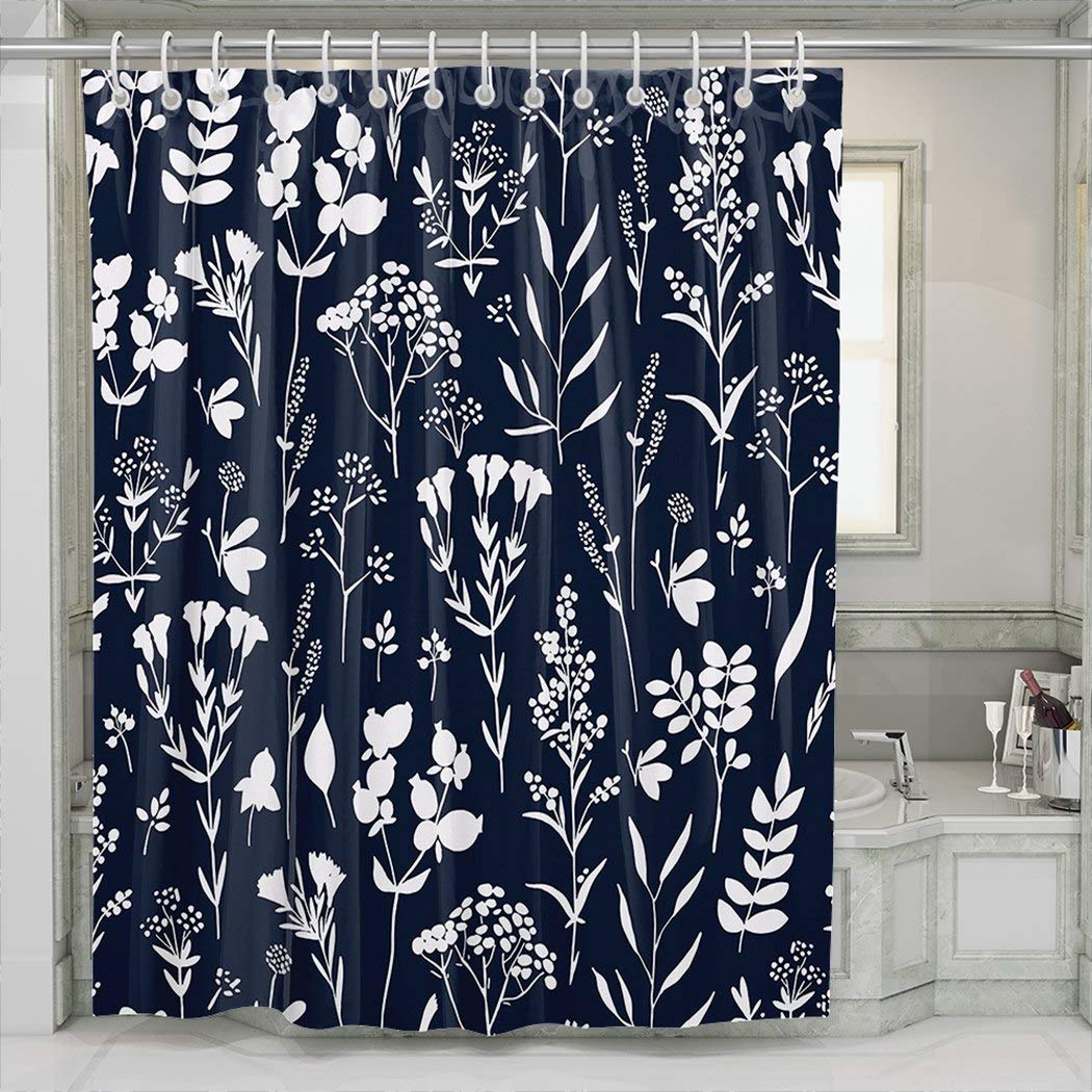 KELEMO Indigo Herbs & Floral Shower Curtain 72x72 Inch - Waterproof Bathroom Decor for Modern Farmhouse, Spa, or Coastal Style Homes