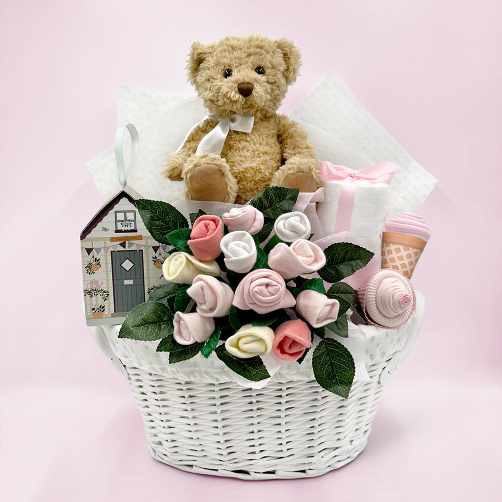 Bertie’s New Baby Girl Gift Basket - Adorable Newborn Baby Shower & Welcome Gift Set for Girls - Perfect for Birthdays, Christenings & Celebrations