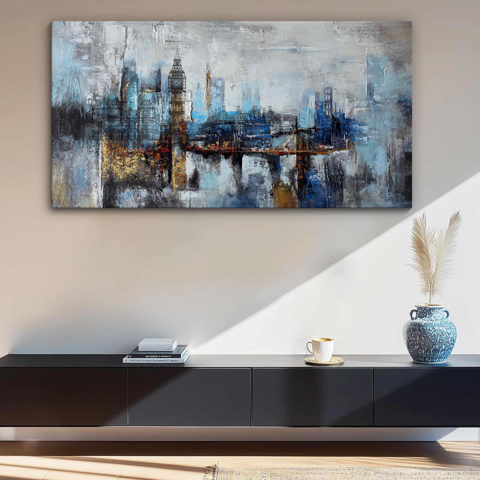 Large Abstract City View Canvas Wall Art - Modern Gray Blue Buildings Print for Bedroom, Living Room & Office Decor - 29x58 Inches - Perfect for Contemporary Home & Workspace Styling