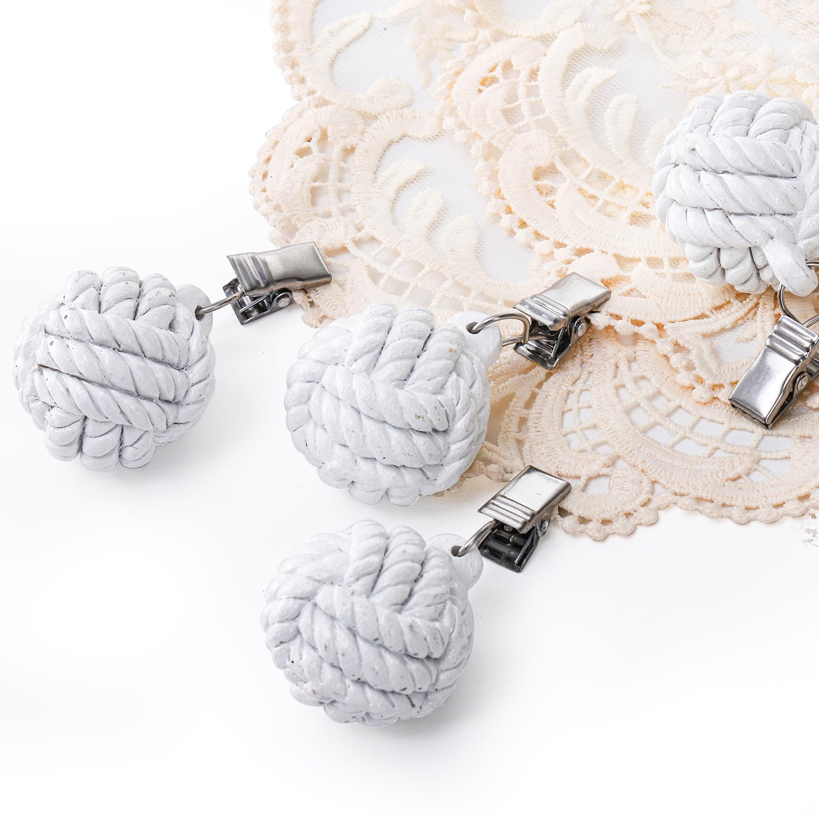 AVLA 6 Pack Tablecloth Weights - Heavy Duty Cloth Weights with Metal Clips & Resin Round Ball Hangers - Decorative Table Cover Clamps for Outdoor Picnics, Family Dinners, and Party Decorations (White)