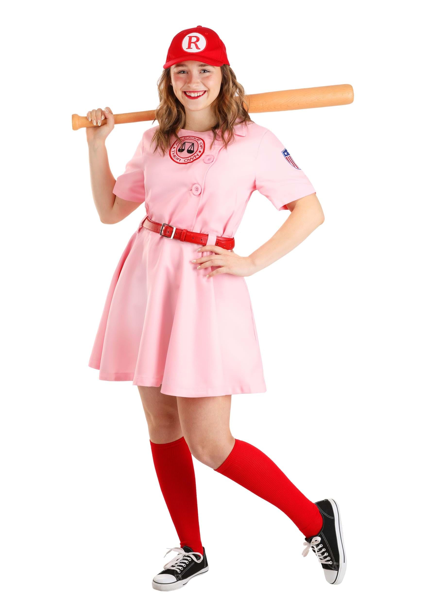 Vintage Dottie Baseball Costume for Women - Pink 1940s Dress with Hat, Belt & Socks | A League of Their Own Movie Outfit for Halloween, Cosplay & Theme Parties