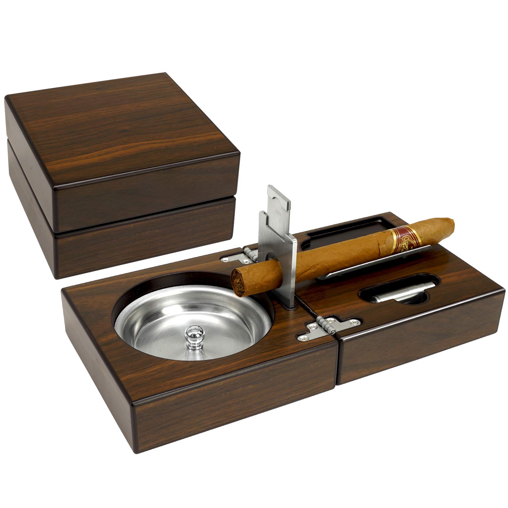 Premium Wooden Ashtray Set with Cutter & Punch - Foldable Compact Travel Ashtray for Outdoor, Camping, Car & Home Use - Ideal Gift for Smokers