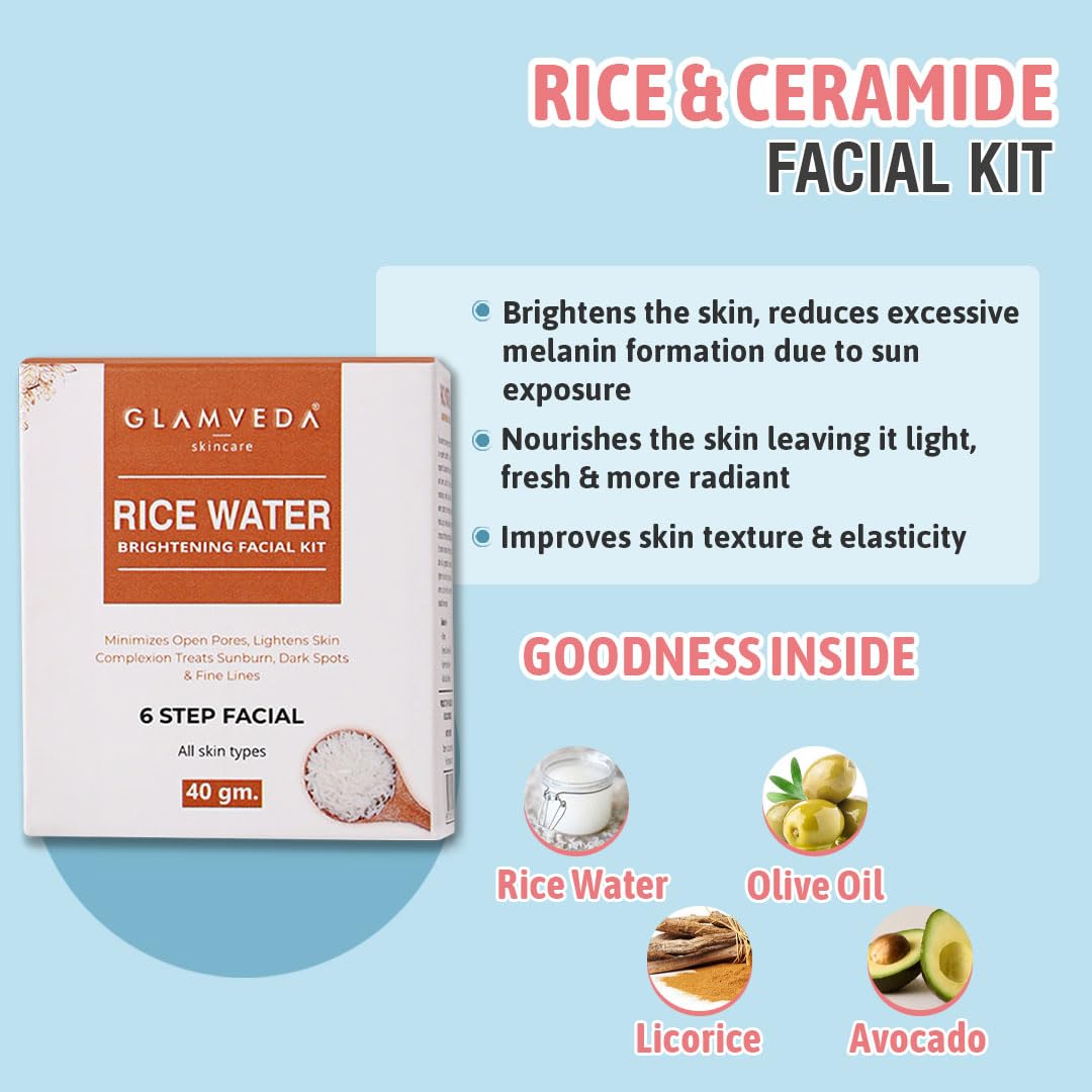Glamveda Rice & Ceramide Face Wash & Facial Kit Set - Skin Brightening, Anti-Dullness Treatment for Radiant Complexion | Daily Skincare Routine for Glowing Skin