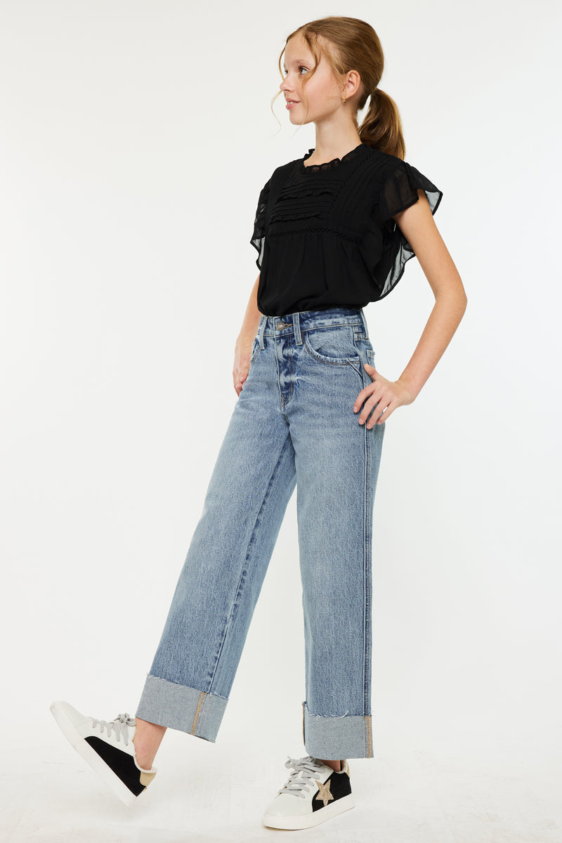 Danielle High Rise Kids Cropped Wide Leg Jeans - Trendy Stretch Denim Pants for Girls | Perfect for School, Playdates & Casual Outings