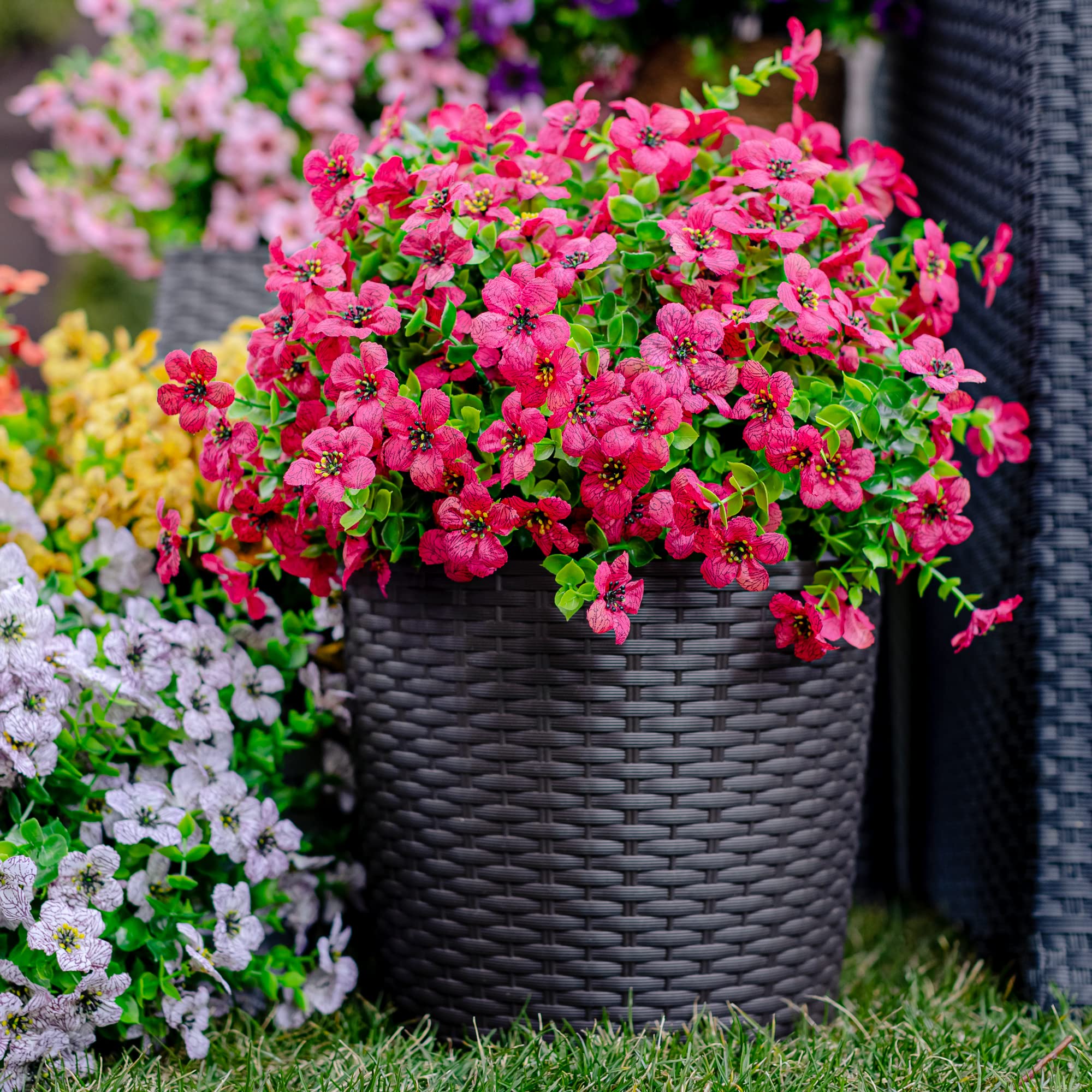 16 Bundles UV Resistant Artificial Boxwood Plants - Fade Proof Outdoor Fake Shrubs for Spring Home Decor, Farmhouse Garden Greenery (Red Pink) - Perfect for Patio, Porch, and Landscape Design