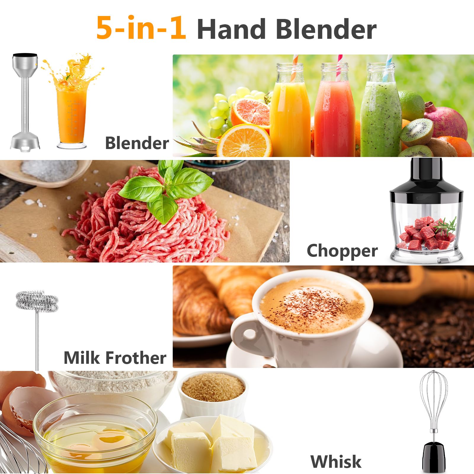 YASHE 5-in-1 Immersion Hand Blender with Variable Speed - Stainless Steel Shaft & Powerful Motor - Includes Chopper, Whisk & Milk Frother - Perfect for Soups, Smoothies & Baby Food Preparation