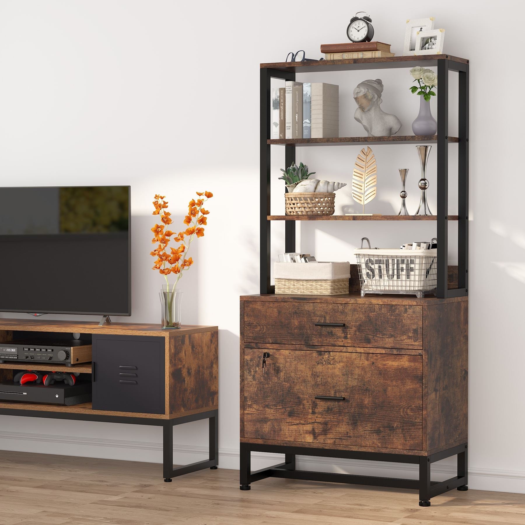 2-Drawer Locking File Cabinet with Bookshelf - Secure Vertical Filing Storage for Office, Home & School Organization
