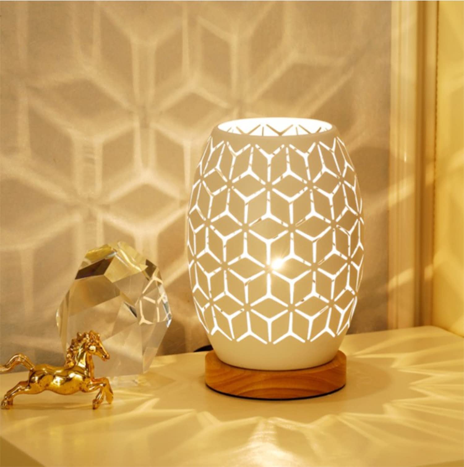AFORTLO Boho Table Lamp - Small Wood Base with Hollow-Carved Metal Cage, Decorative Night Light for Bedroom, Living Room, Office & Nightstand - Includes Bulb (Rhombus Shape) | Perfect for Reading Nooks, Romantic Ambience & Home Office Lighting