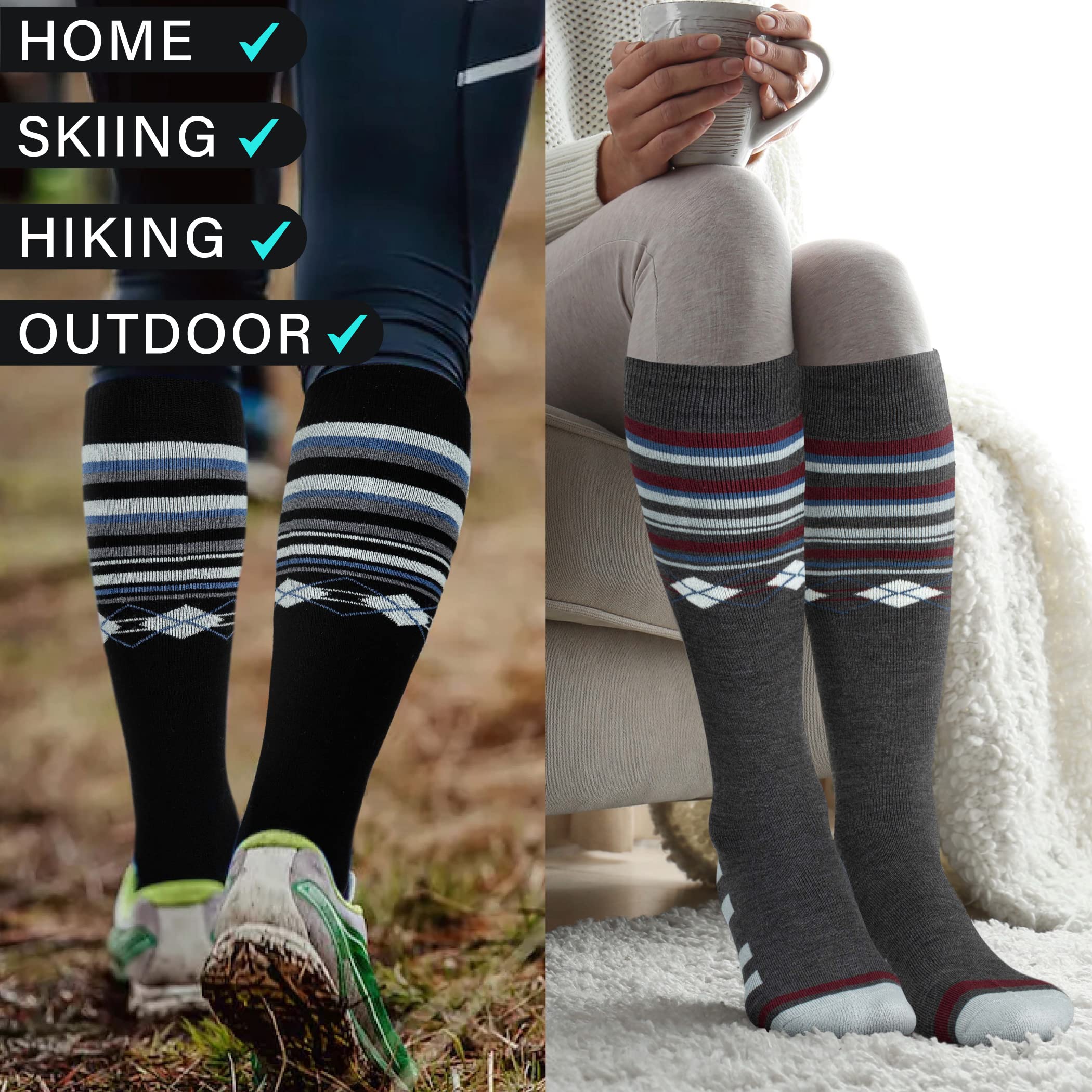50% Merino Wool Thermal Ski Socks for Men & Women - Knee High Winter Snowboard Socks for Cold Weather - Perfect for Skiing, Snowboarding & Outdoor Winter Sports