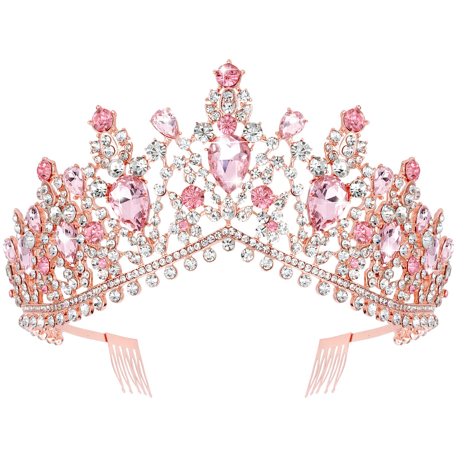 TOBATOBA Pink Crystal Wedding Tiara for Women - Elegant Princess Crown Headband, Royal Queen Metal Tiara for Quinceañera, Birthday, Prom, Halloween Costume Party | Perfect for Brides, Pageants & Special Occasions