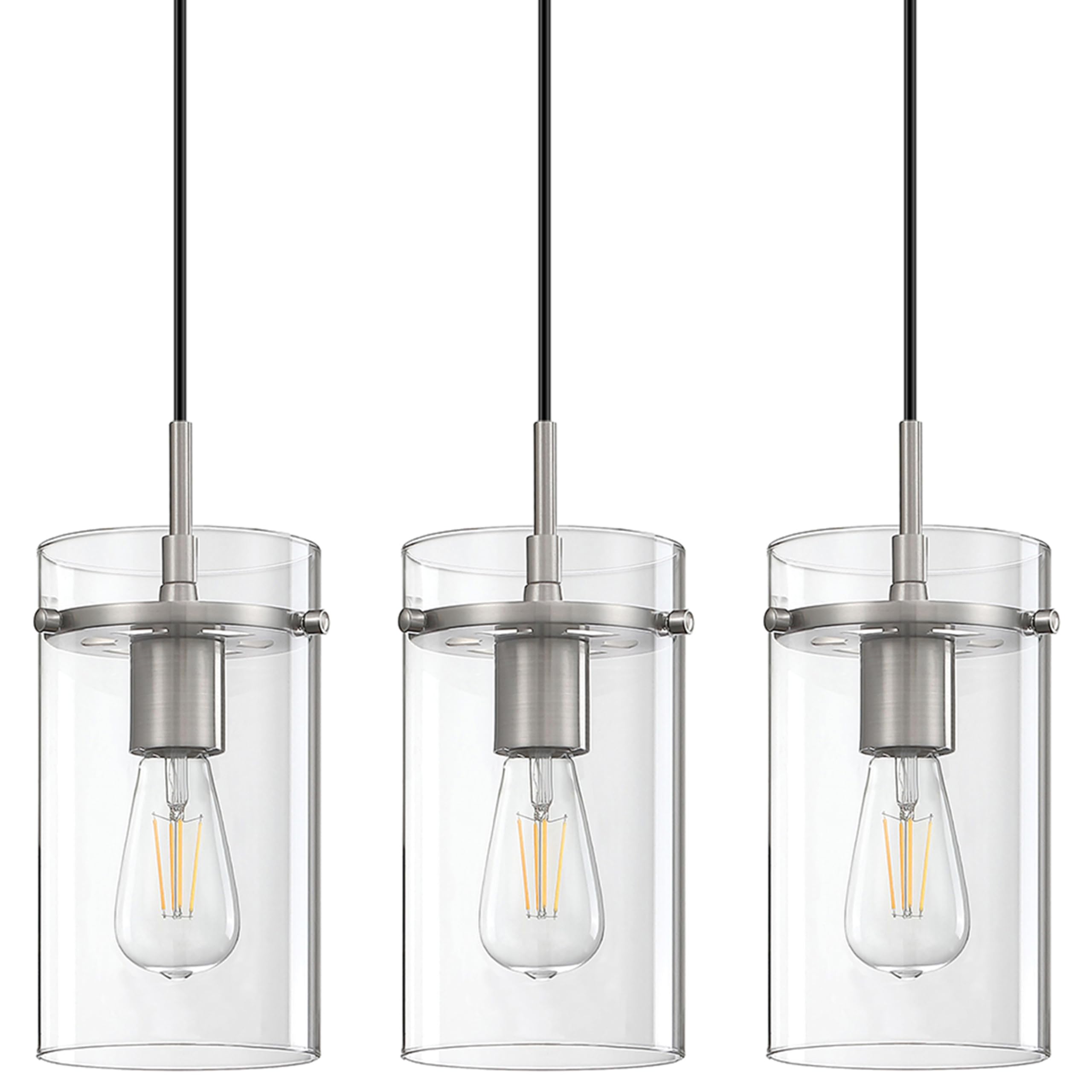 Modern Farmhouse Kitchen Island Pendant Light - Clear Glass Chandelier with Brushed Nickel Finish (3 Pack) - Perfect for Kitchen Sink, Dining Room, Bedside & Hallway Lighting