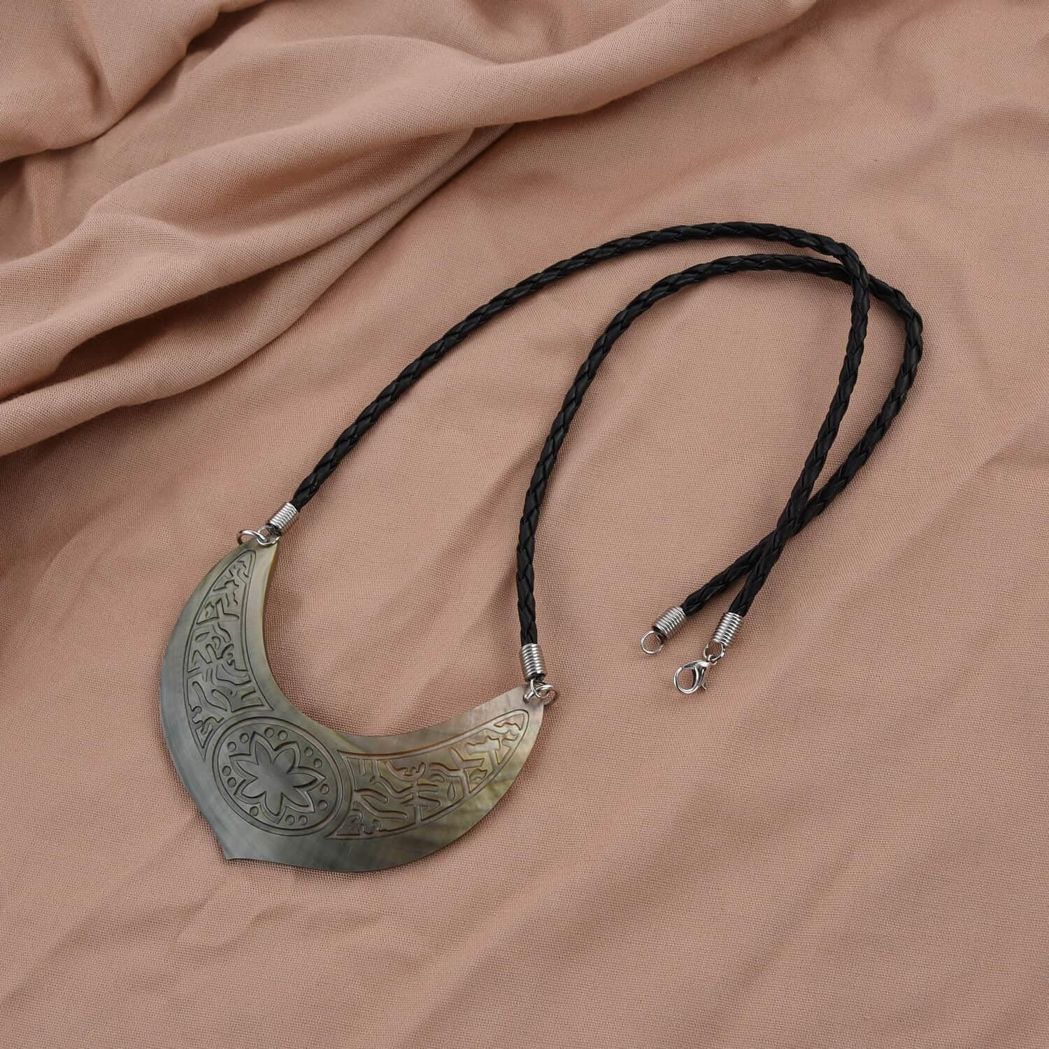 Handmade Brown Shell Flower Carved Black String Necklace for Women - 26