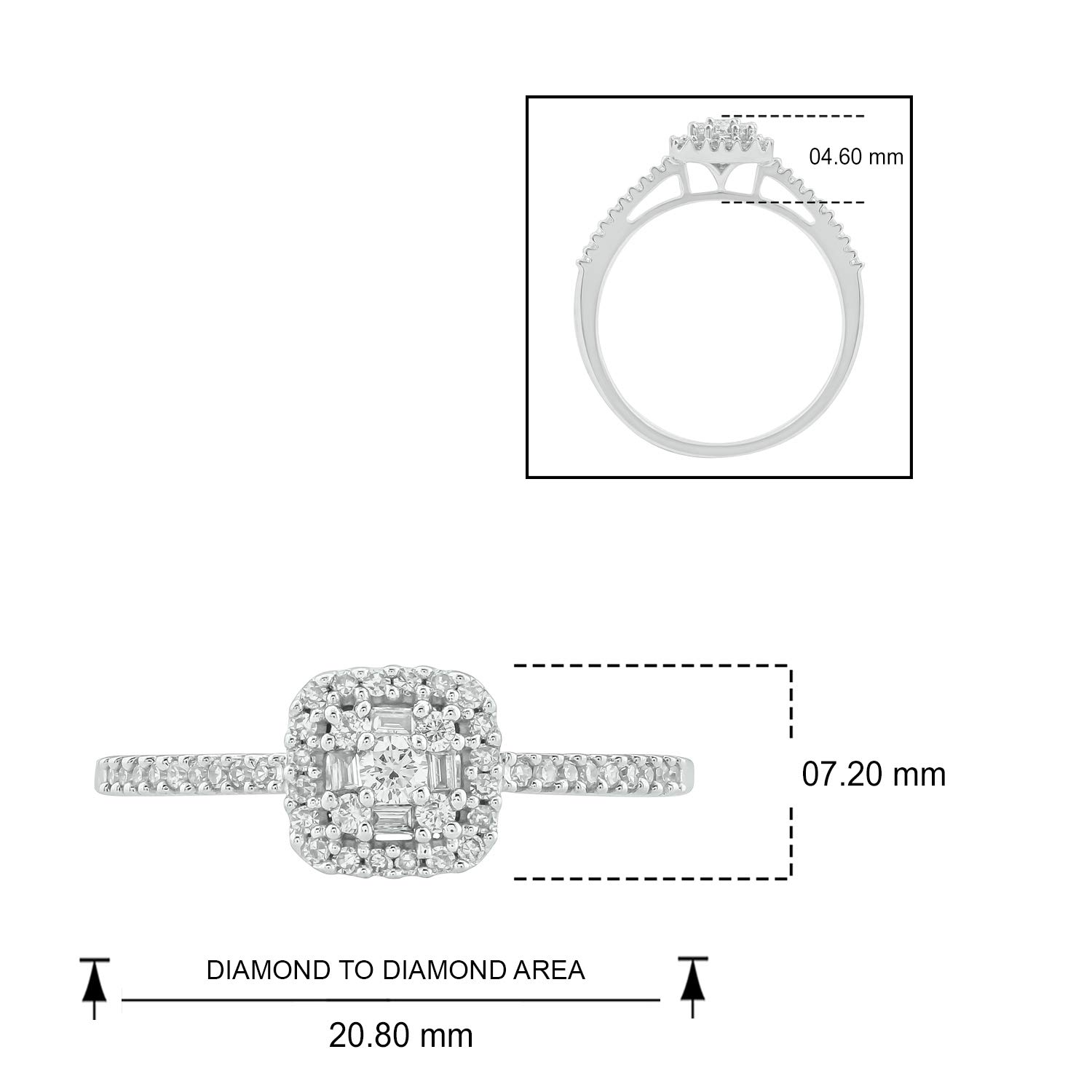 1/4 Carat Round & Baguette Diamond Halo Engagement Ring for Women - 10K Rose Gold, White Gold or Yellow Gold - Elegant Square Halo Wedding Ring with Baguette Accents - Perfect for Proposals, Anniversaries & Special Occasions