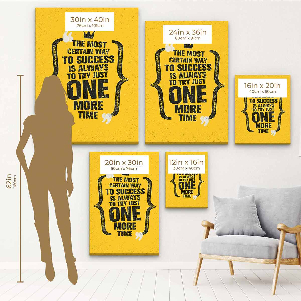 Yellow Motivational Wall Art Canvas - 'The Most Certain Way To Success Is Always To Try Just One More Time' - Inspirational Home & Office Decor (5324)