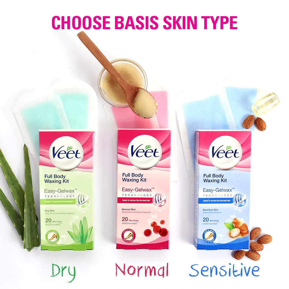 Veet Full Body Waxing Kit for Dry Skin - 8 Wax Strips with Soothing Aloe Vera - At-Home Hair Removal for Legs, Arms & Bikini Area - Gentle Formula for Sensitive Skin - Perfect for Pre-Vacation Smoothing & Quick Touch-Ups