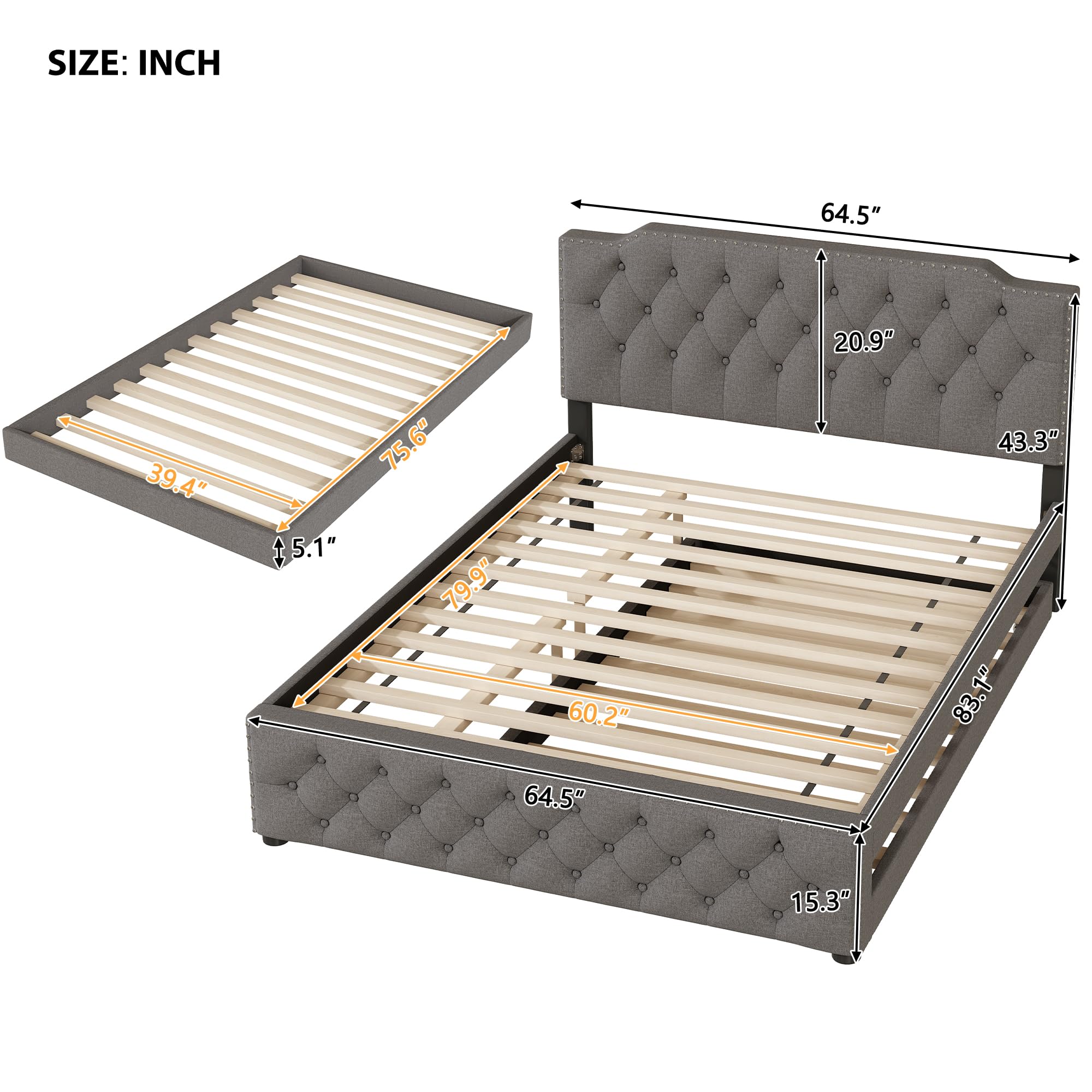 Queen Size Upholstered Platform Bed with Twin Trundle - 4 USB Ports (2 Each Side) - Linen Fabric with Button-Tufted Headboard & Footboard - Gray - Perfect for Guest Rooms, Small Spaces & Modern Bedrooms