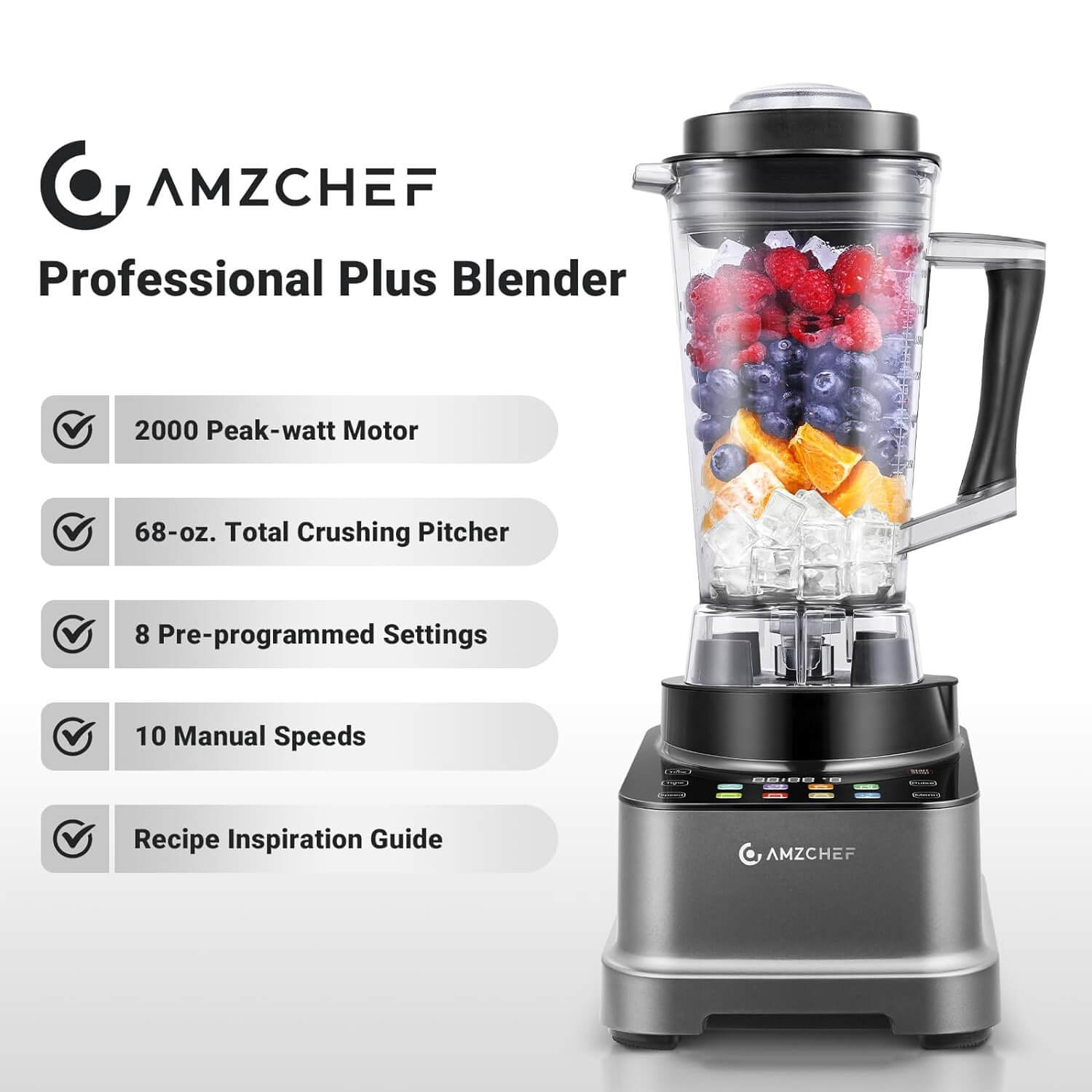 AMZCHEF 8-in-1 Professional Blender 2000W with LED Touch Panel - High-Speed Blending for Smoothies, Juices, Ice Crushing & Food Prep - Perfect for Home Kitchen, Restaurant & Commercial Use