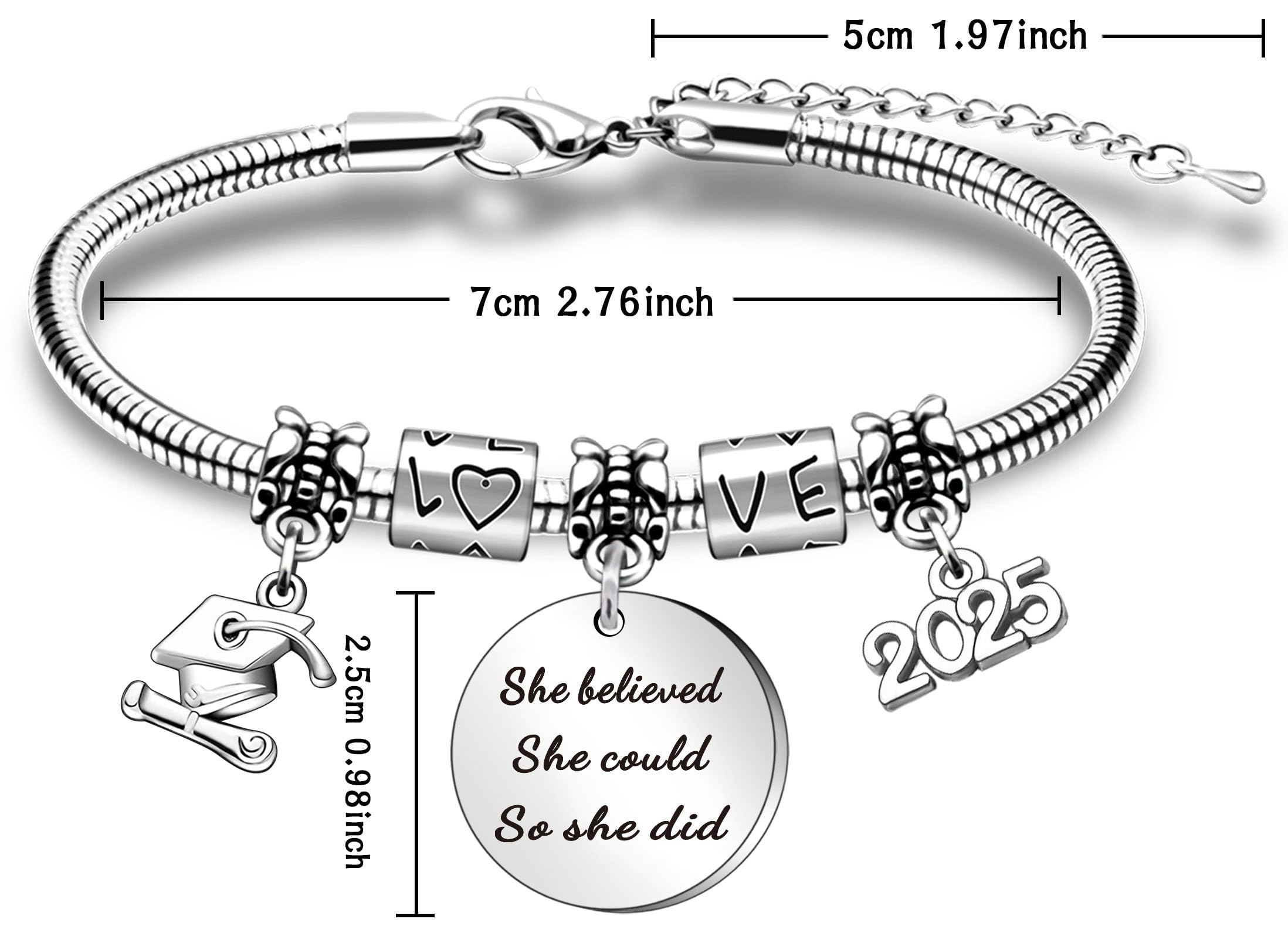 WTOPP 2025 Graduation Charm Bracelet - Inspirational 'She Believed She Could So She Did' Bracelet - Perfect College & High School Graduation Gift for Him & Her - Ideal for Commencement Ceremonies & Graduation Parties