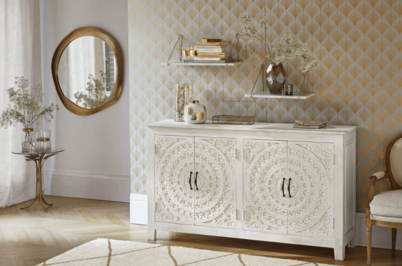 Hand Carved White Solid Wood Four Door Sideboard Buffet Cabinet - Elegant Dining Room Storage for China, Silverware & Linens