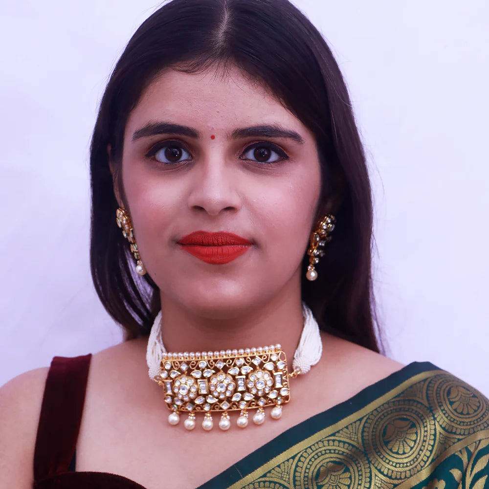 Elegant Gold Plated Royal Kundan Choker Necklace Set with Matching Earrings (D519) - Perfect for Weddings, Parties & Special Occasions