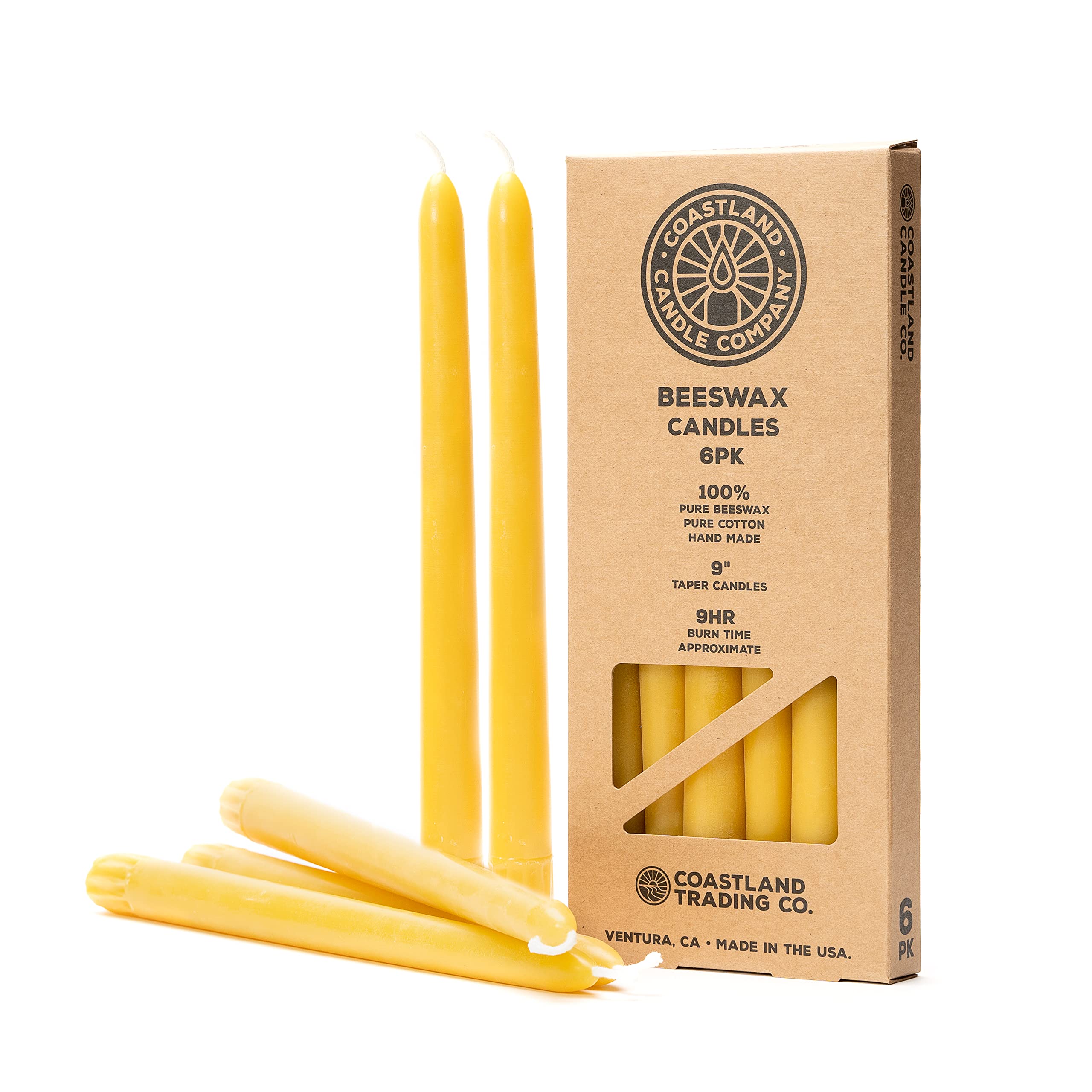 Coastland Trading Co 9 Inch Beeswax Candles - Pack of 6 | 100% Natural Handmade in USA | Long Burning 9 Hours | Decorative Home Candles for Relaxation, Meditation & Romantic Dinners