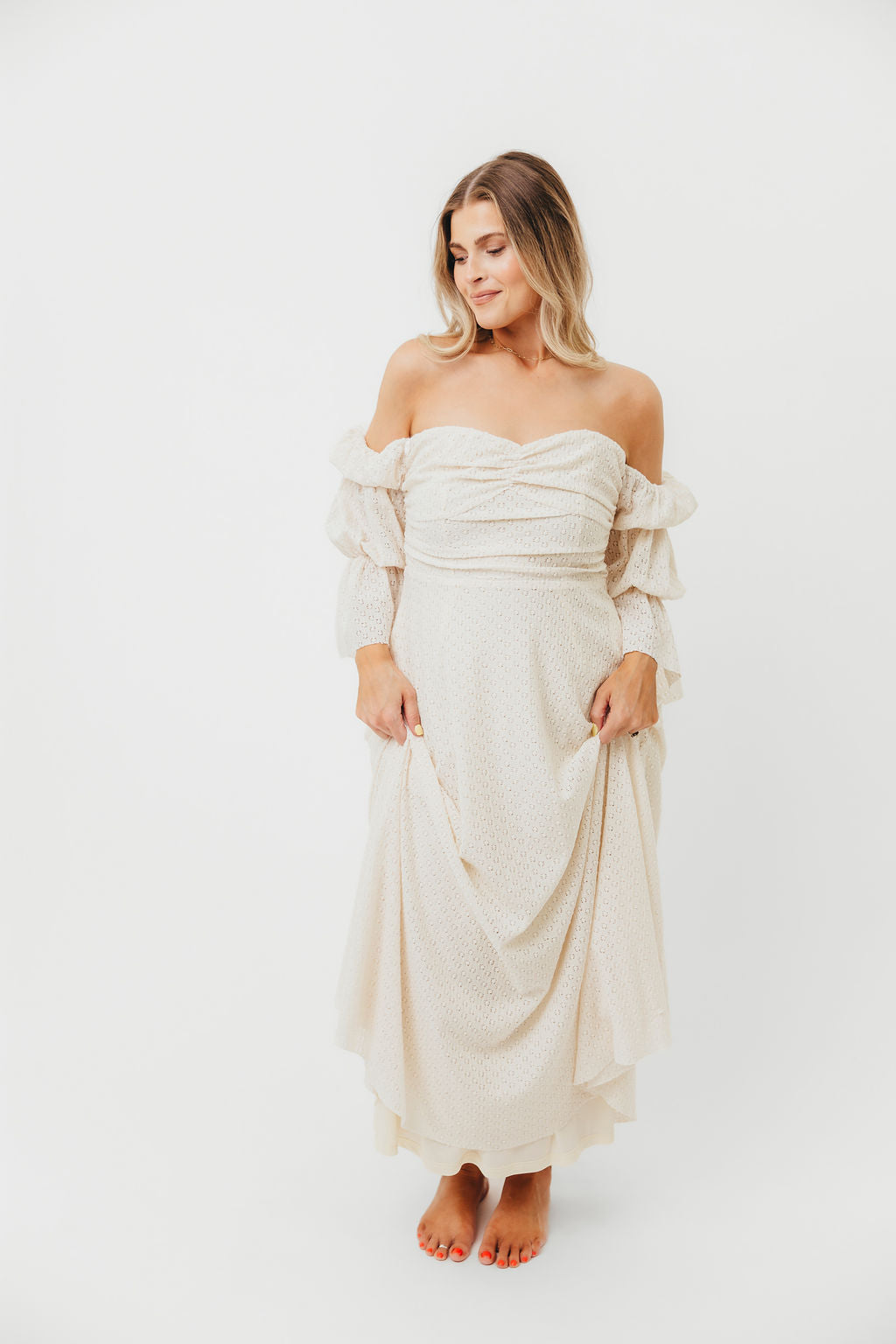 Corrine Tiered Sleeve Maxi Dress with Pockets in Ivory Cream - Bump Friendly Maternity Dress for Pregnancy, Nursing & Postpartum - Perfect for Baby Showers, Beach Vacations & Summer Weddings