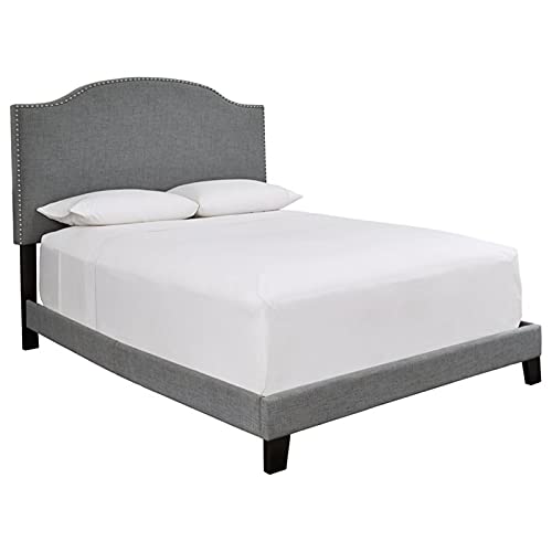 BOWERY HILL Queen Size Upholstered Fabric Bed Frame - Gray Modern Platform Bed with Headboard for Bedroom, Guest Room & Master Suite