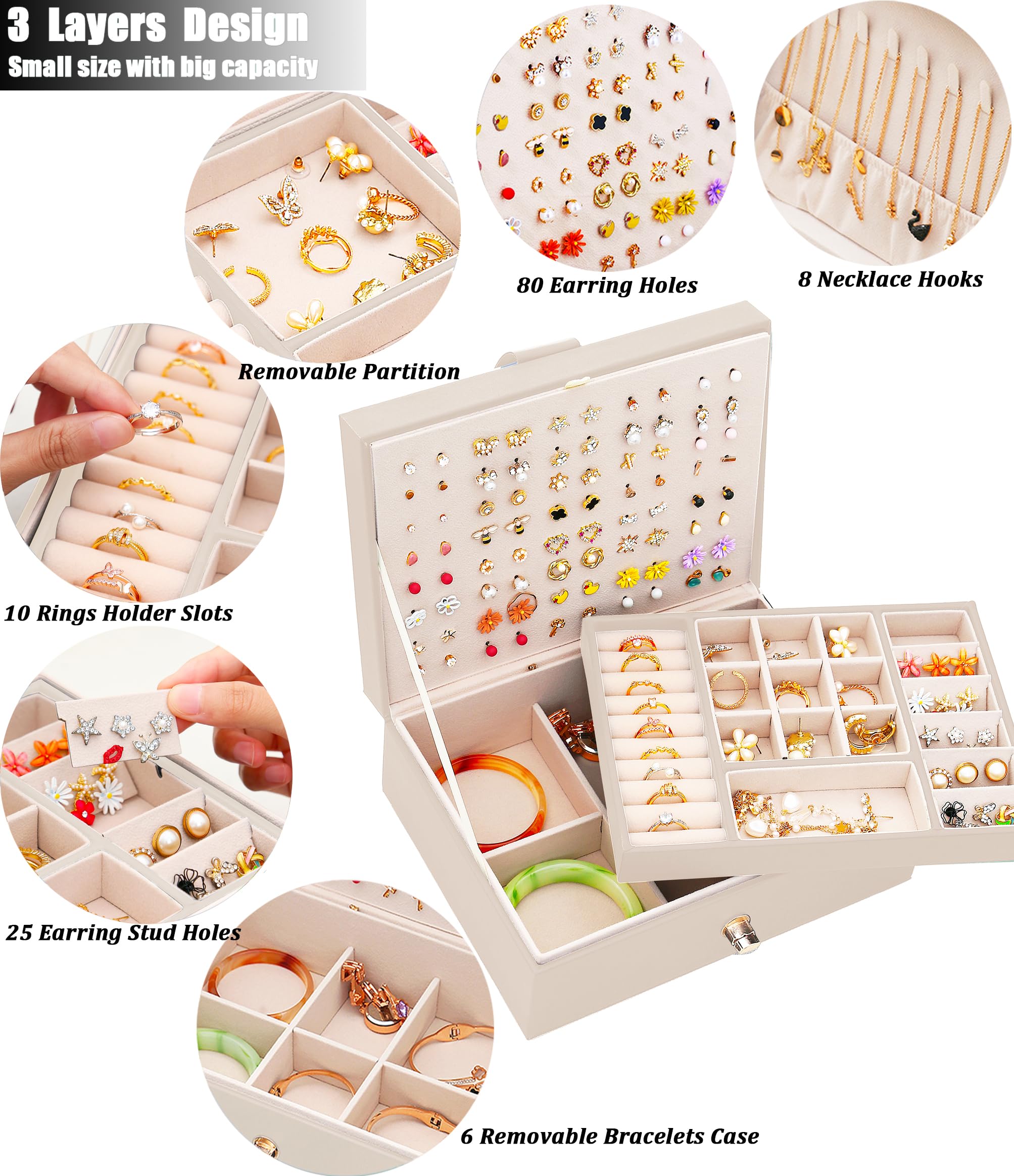 **Beige Jewelry Box Organizer for Girls - Earring Holder, Necklace & Ring Storage - Perfect for Teen Bedroom, Birthday Gifts & Travel Jewelry Case**