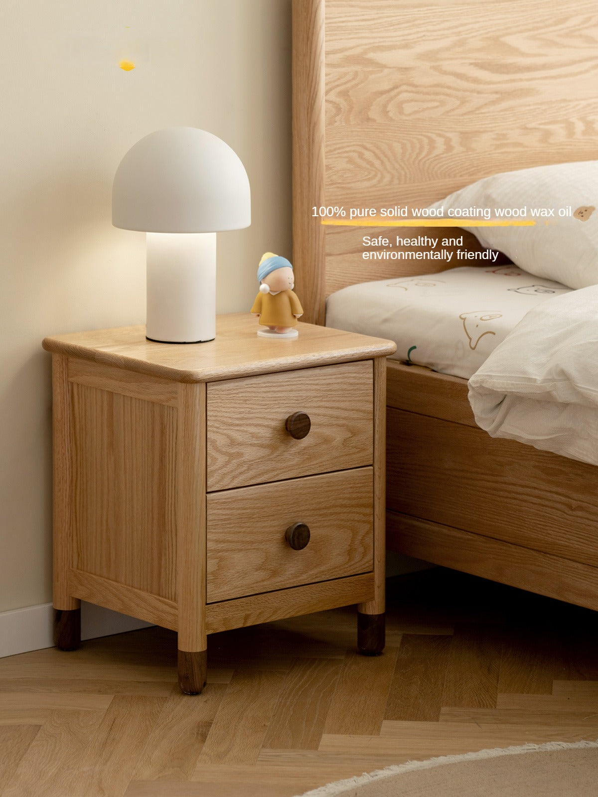 Solid Oak Wood Nightstand with Two Drawers - Bedside Table for Bedroom, Living Room, or Office Storage