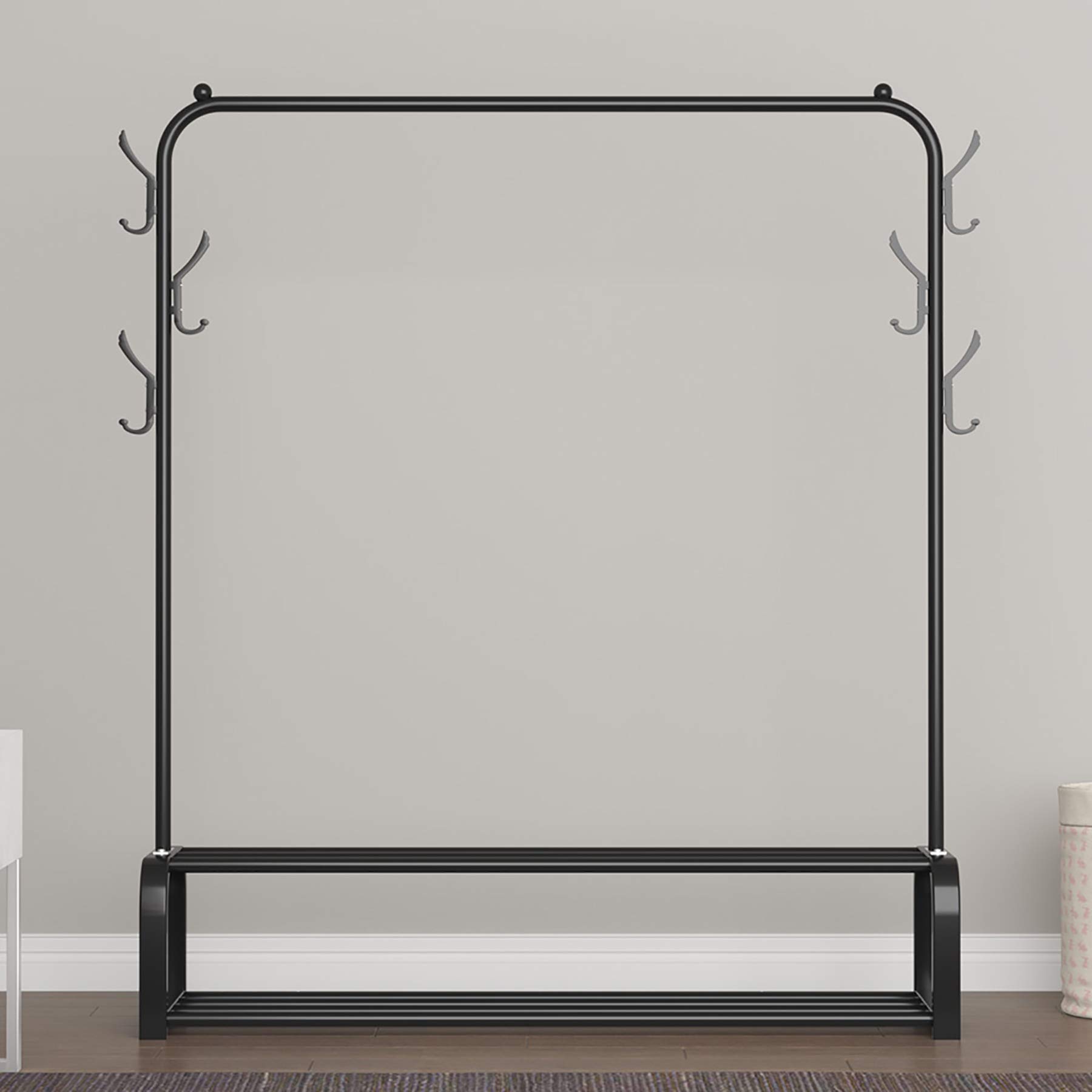 YAYI Freestanding Garment Rack with 2-Tier Storage Shelf & Side Hooks - Heavy Duty Clothes Hanger Organizer for Bedroom, Closet, Laundry Room - Perfect for Clothes Storage, Drying & Wardrobe Organization (Black)