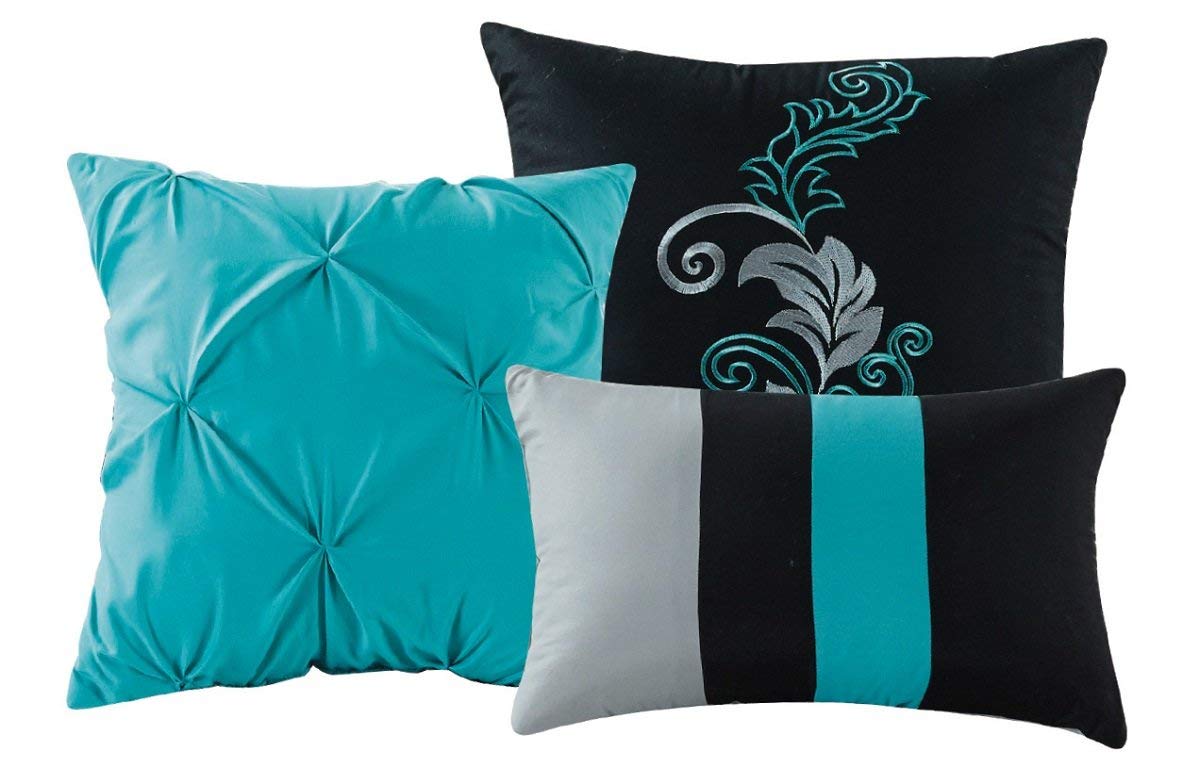 Chezmoi Collection Napa 7-Piece Luxury Leaves Scroll Embroidery Comforter Set - Full Size, Teal Blue/Gray/Black - Soft Bedding for Master Bedroom, Guest Room & Hotel Decor