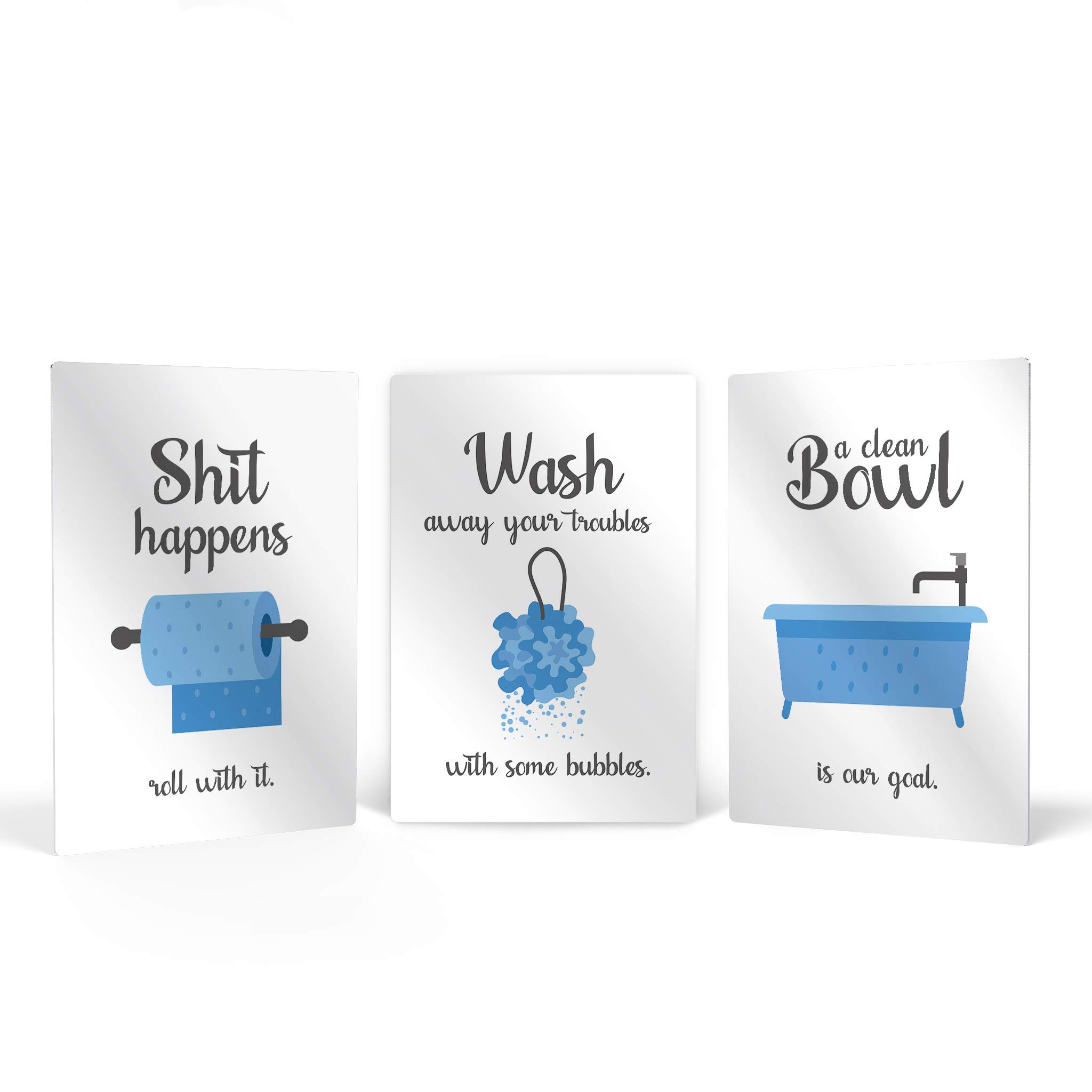 Smile Art Design 'Shit Happens' Funny Bathroom Wall Art Set - 3 Piece Metal Print (17x11 inches) with 'Wash Away Your Troubles' Quote - Ready to Hang Bathroom Decor for Home, Office or Gift - Humorous Toilet Sign for Stress Relief & Relaxation