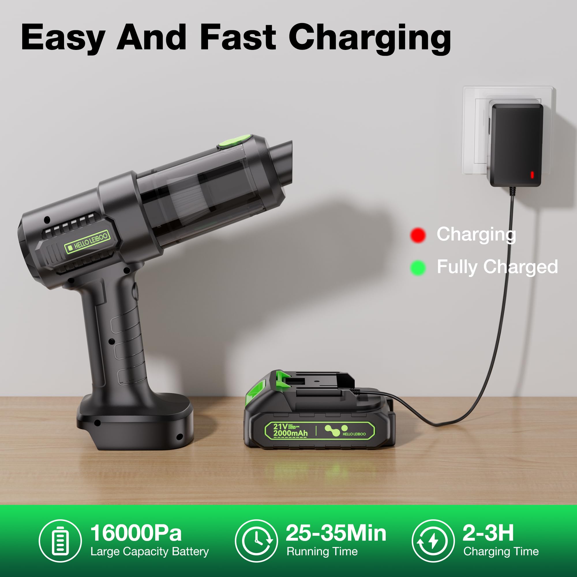 helloleiboo 4-in-1 Cordless Handheld Vacuum Cleaner - 16000PA Powerful 21V Rechargeable Car Vacuum with Removable Battery & Multi-Nozzles for Home, Office, Pet Hair Cleaning (Green) - Perfect for Cars, Sofas, Stairs & Pet Areas