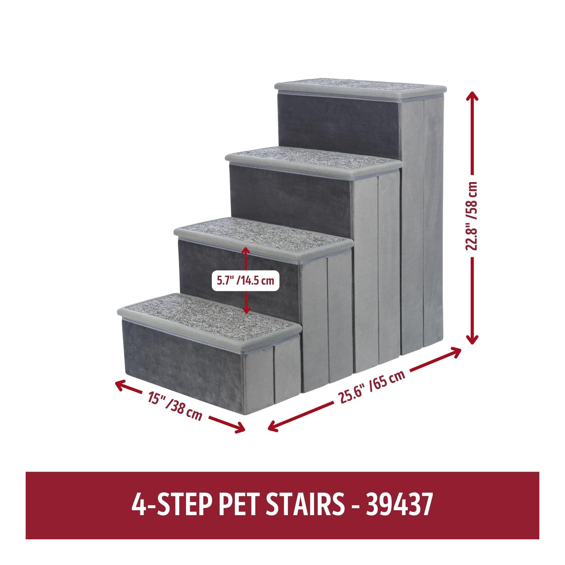 TRIXIE Velour Dog Stairs with Non-Slip Tread Steps - 4-Step Foldable Pet Stairs for Beds & Couches - Gray Pet Ramp with Storage Space - Perfect for Small & Medium Dogs to Reach Furniture Safely