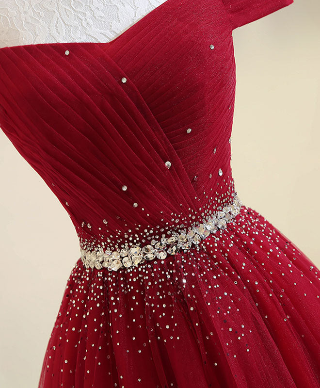 Elegant Burgundy Tulle Off-Shoulder Long Prom Dress - Formal Evening Gown for Homecoming, Wedding, and Special Occasions